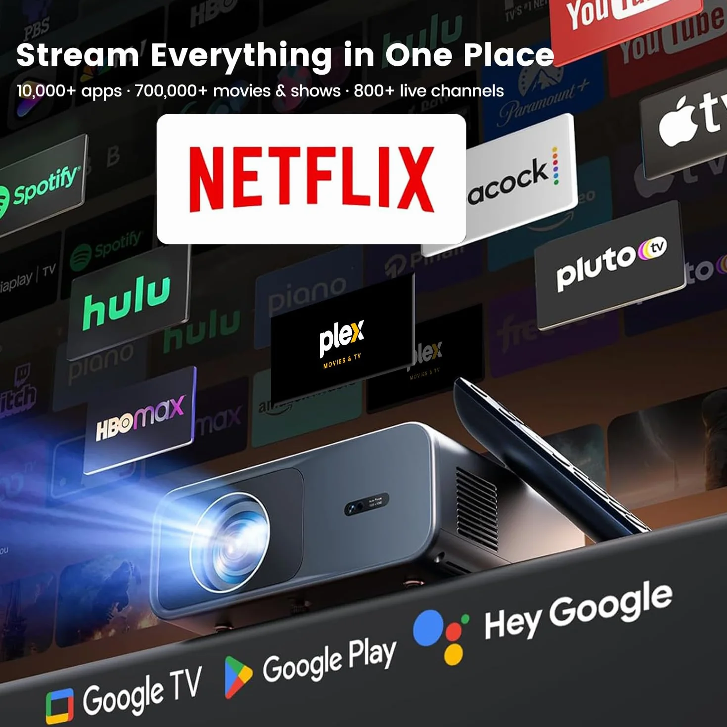 Wimius Proiettore 4K Google TV, 1100 ANSI, HDR10, Auto Focus, 6D Keystone, Bluetooth 5.4, WiFi 6