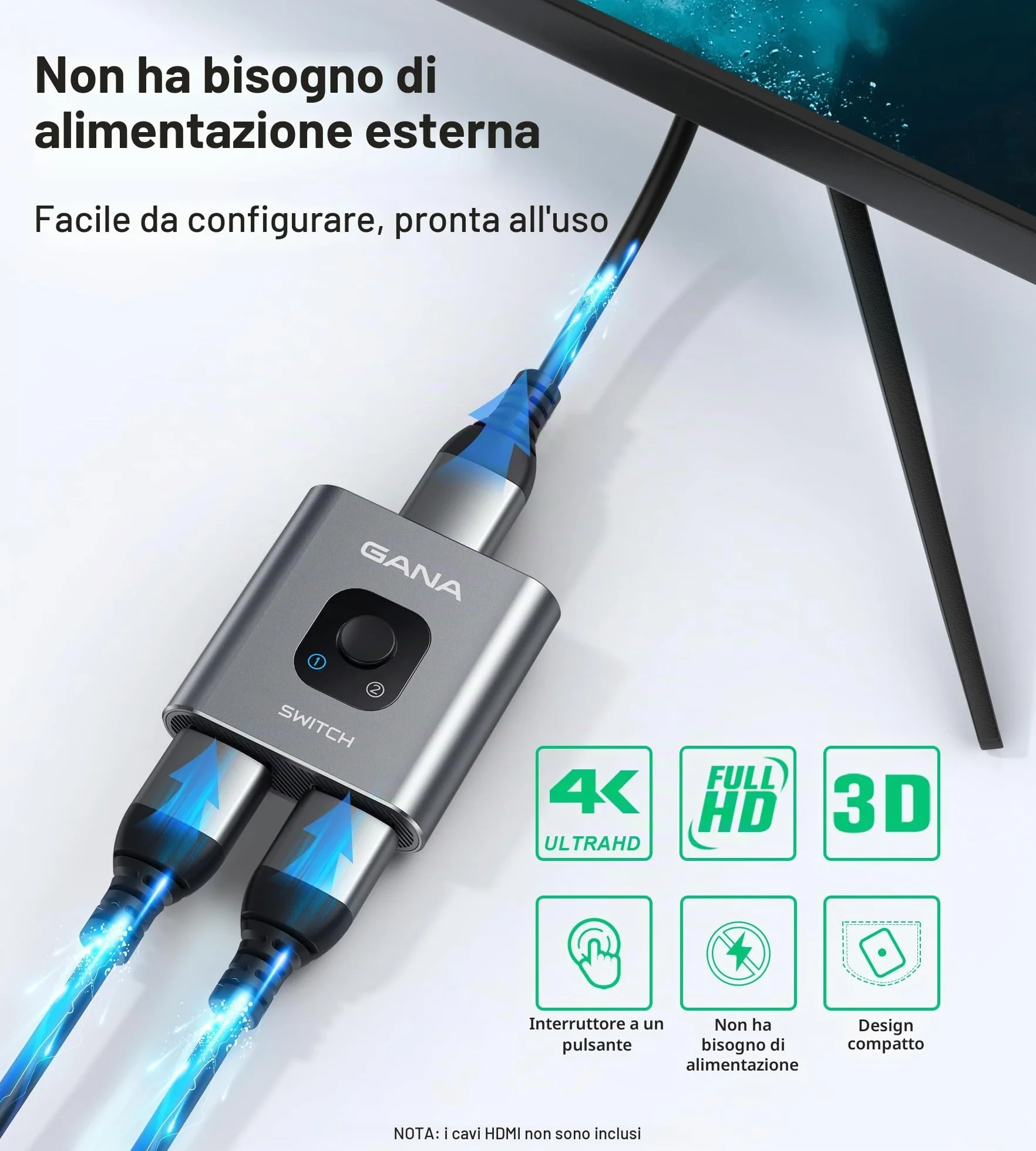 GANA Sdoppiatore HDMI Switch 4K Bidirezionale 2x1 Alluminio per TV Xbox PS5