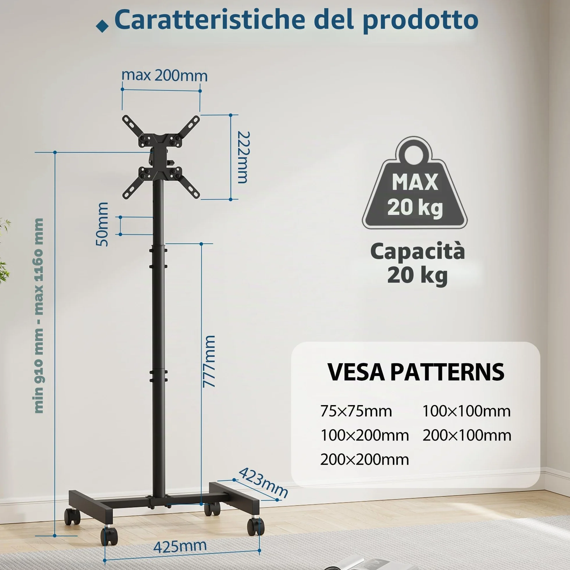 BONTEC Supporto TV da Pavimento con Ruote per Schermo 13-42 pollici LED LCD Plasma, Carrello Mobile Fino a 20 kg, VESA 200x200 mm