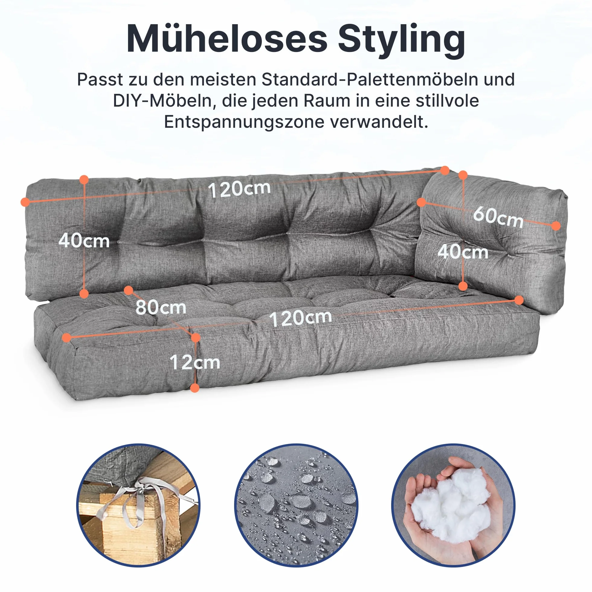 MKS Cuscino pallet Set di 3 impermeabile 120x80 120x40 60x40 cm con cinghie