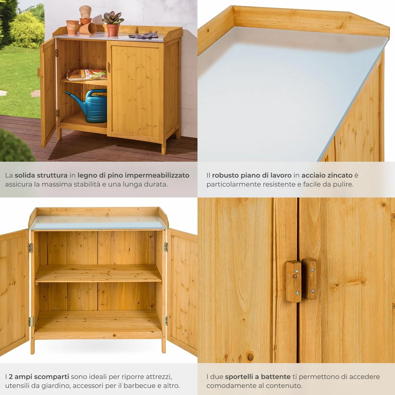 Tectake Armadietto da Giardino con Piano Lavoro Zincato 98x48x95 cm Spazio Utensili Accessori Barbecue Tavolino Giardinaggio Mobile Giardino