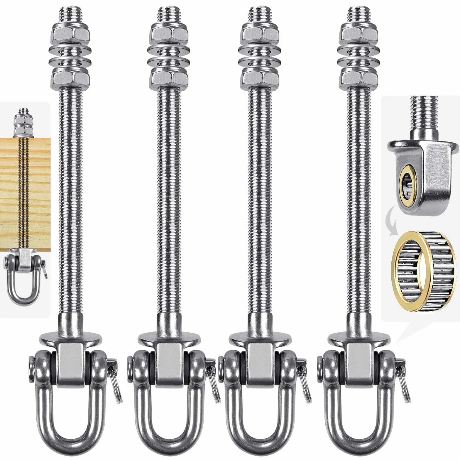 SELEWARE Ganci per Altalena Pesanti in Acciaio Inox con Cuscinetti (Set di 4), Bulloni per Altalena M10 x 22,9 cm, Capacità 816 kg per Travi in Legno e Acciaio, Amaca Yoga, Altalena da Veranda