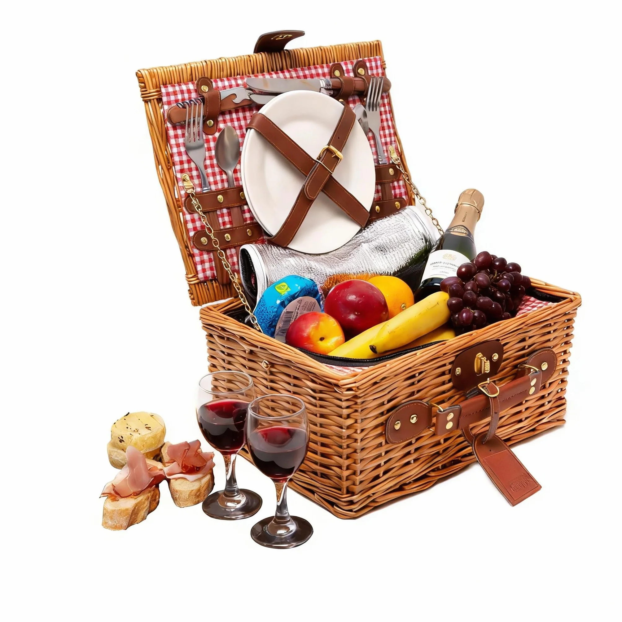 Cestino da Picnic in Vimini per 2 Persone – Cesto Vimini Picnic con Scompartimento Isotermico e Accessori Inclusi, Fantasia a Quadretti Rossi, 34,5 x 26 x 16 cm