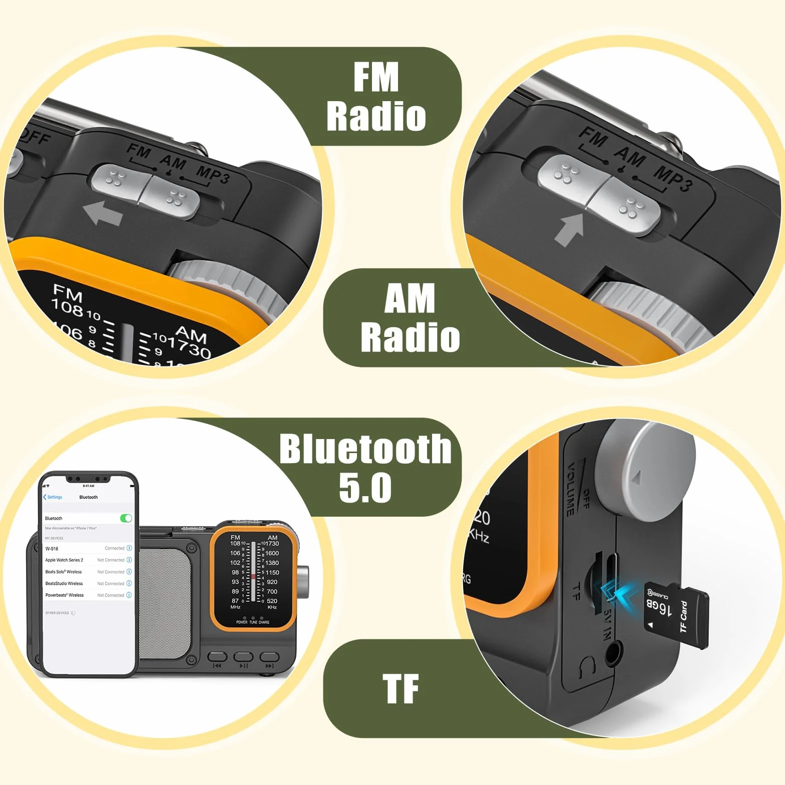 Tendak Radio Portatile FM/AM Ricaricabile 2400mAh Bluetooth Luce Lettura TF