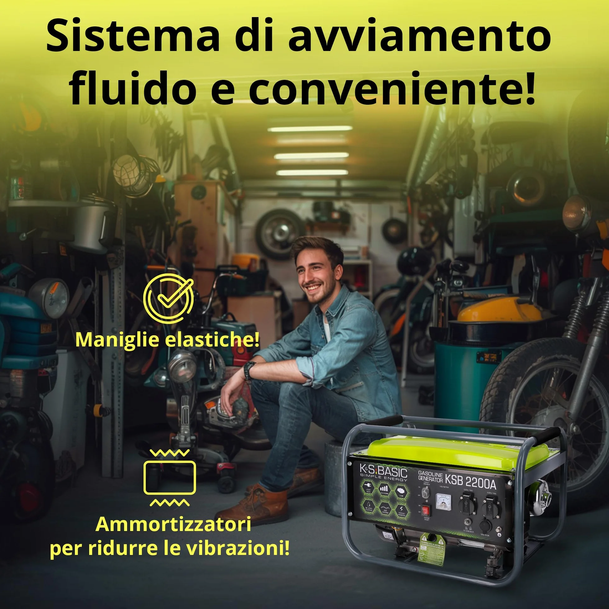 KSB 2200А - Generatore di corrente, motore a benzina a 4 tempi, 5,5 CV, in alluminio, con regolatore automatico di tensione (AVR), 2200 W 16 A, 230 V per uso domestico e ricreativo