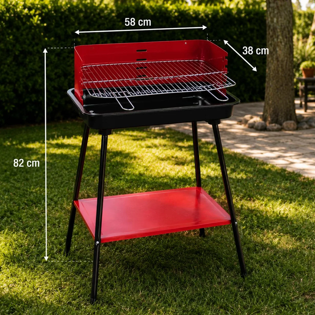 Barbecue Carbonella Rettangolare Stabile 4 Posizioni Cottura Griglia Cromata Rimovibile 53x34,5 cm Acciaio Carbonio