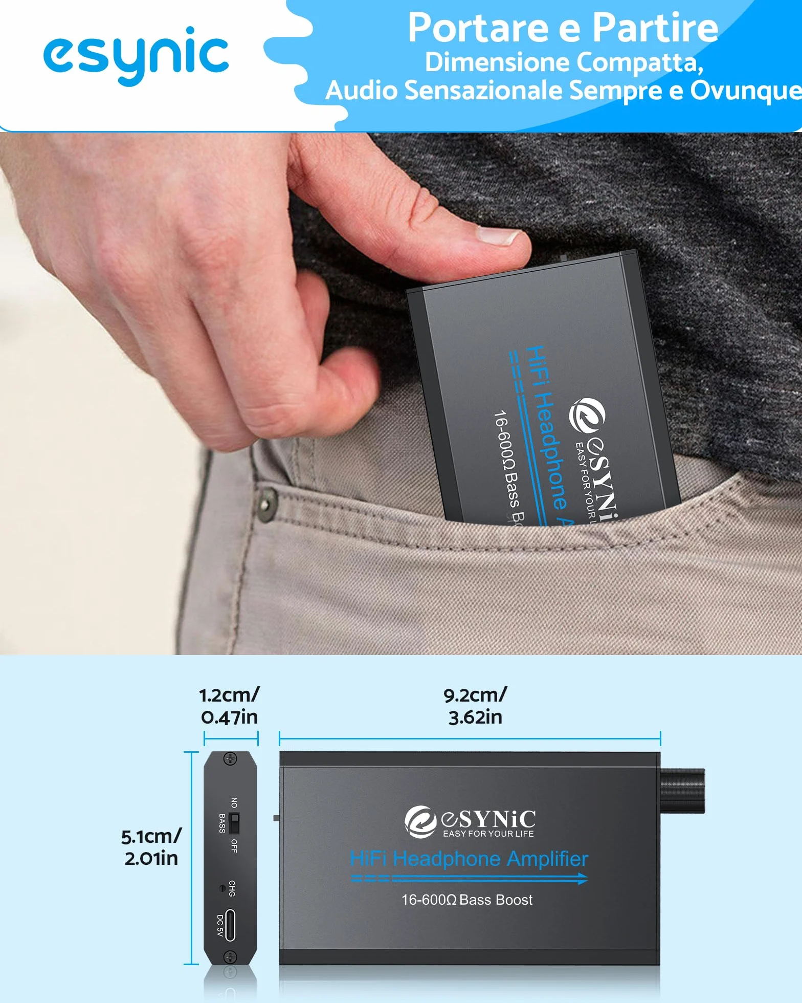 eSynic 16-600Ω Amplificatore per Cuffie Professionale con Jack 3.5mm, Ricaricabile Type-C, Lega Alluminio