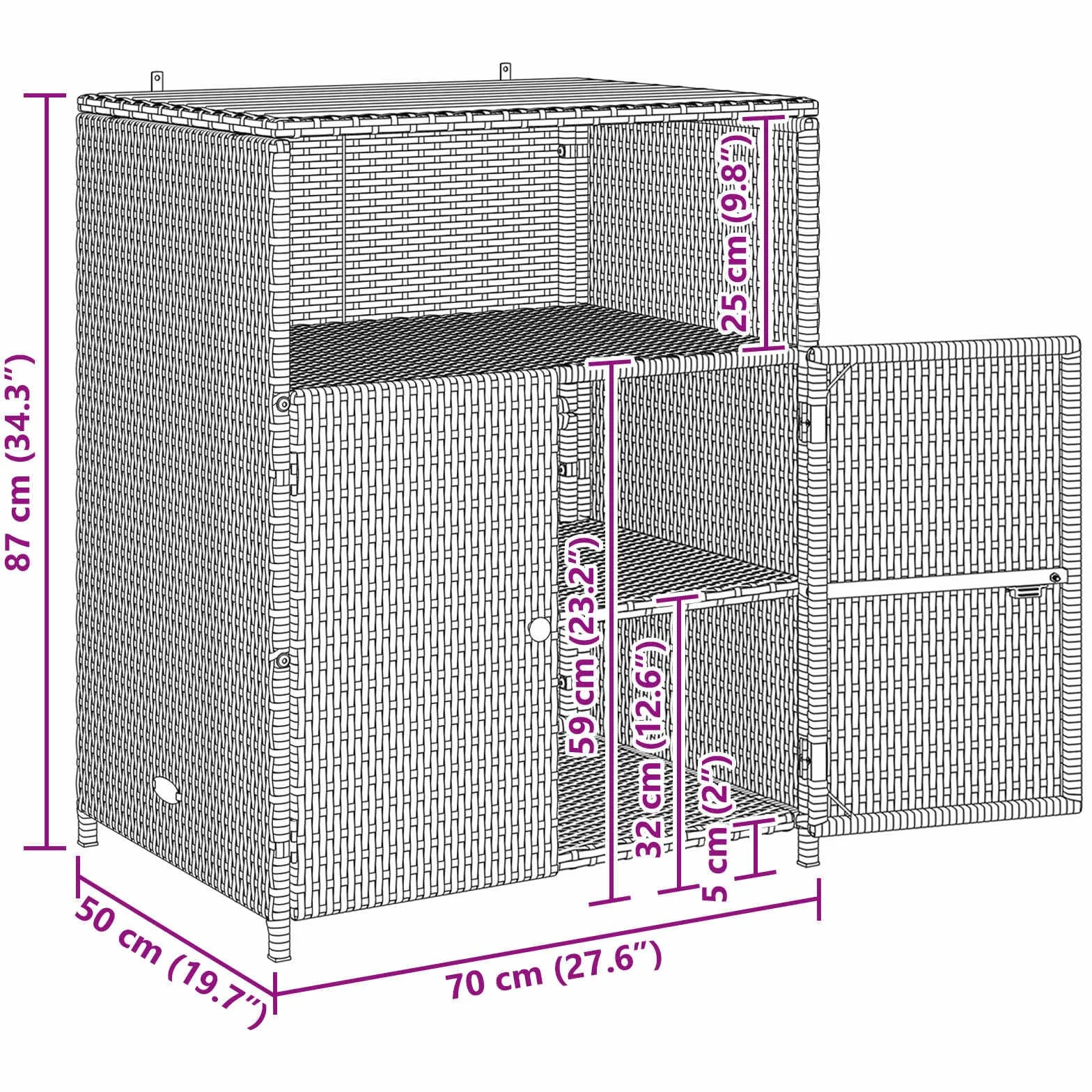 vidaXL Armadietto da Giardino Nero 70 x 50 x 87 cm Poliestere e Rattan Resistente per Esterni