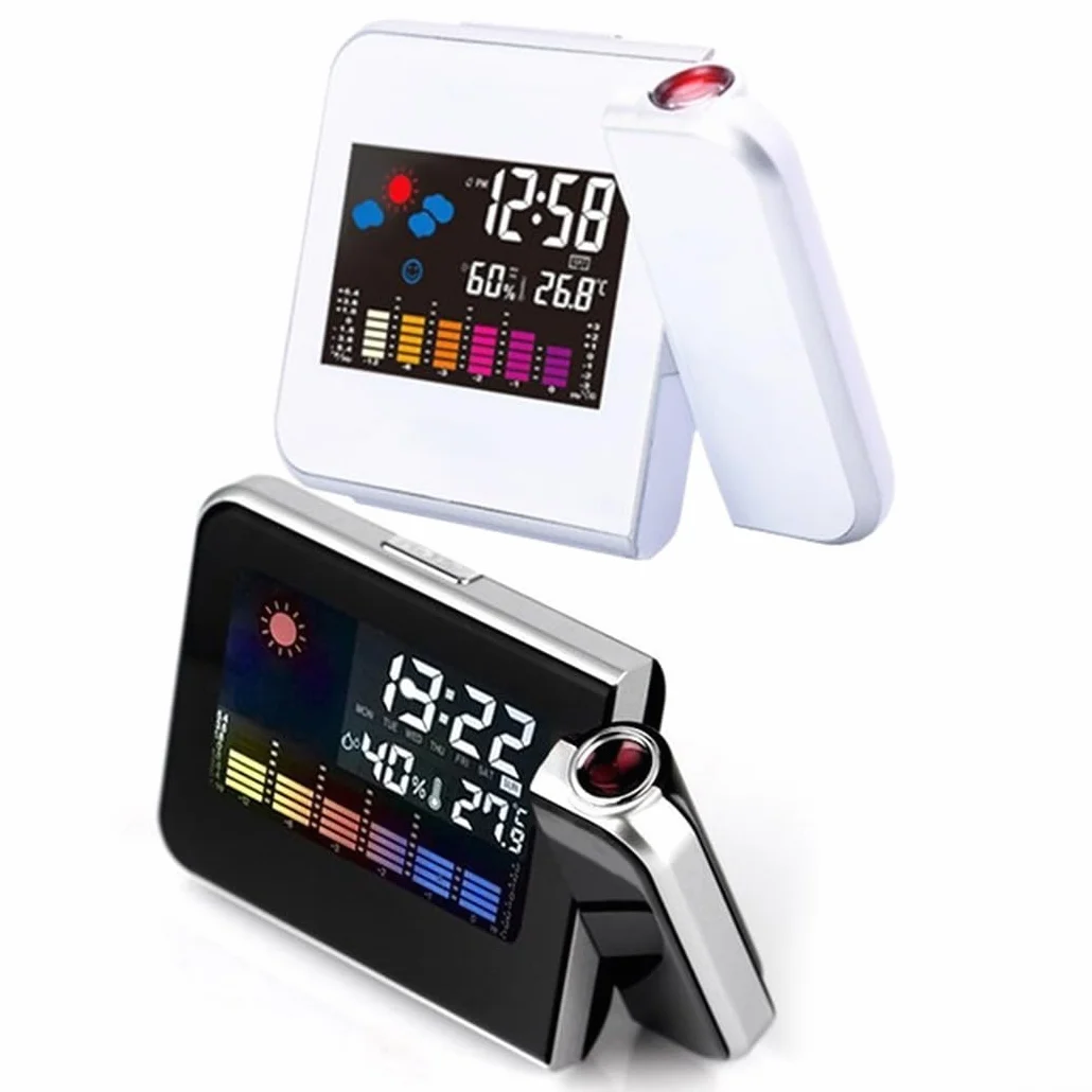 Sveglia a Proiezione con Display LED, Termometro Meteo, Schermo LCD, Funzione Snooze, Porta USB (Nero)