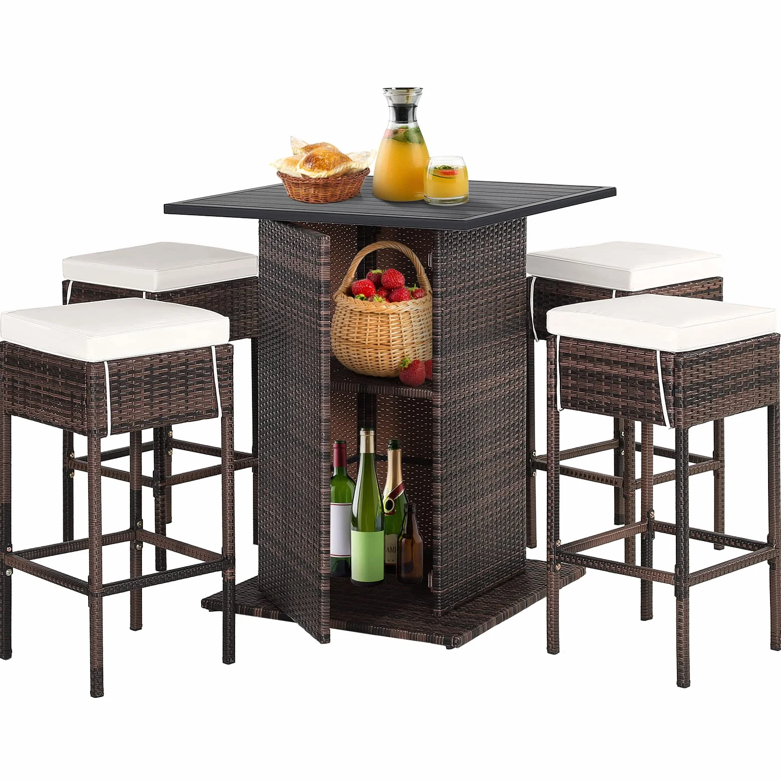GIANTEX Set Bar Esterno in Rattan 5 Pezzi, Tavolo e 4 Sgabelli Alti da Bar con 2 Scomparti e Cuscini Sfoderabili, Bar da Giardino Esterno in Rattan Resistente agli Agenti Atmosferici