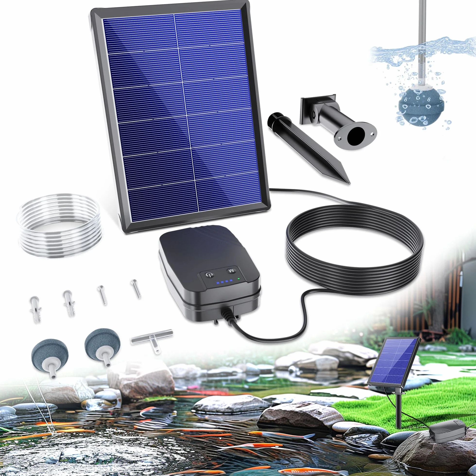 Biling Aeratore per Stagno, Pompa di Ossigeno per Stagno Solare, 4W, per Acquario, Pompa di Ossigeno con ack, Pompa ad Ossigeno, Stagno, 3 modalità, 2 Pietre per laghetto da Giardino, Pesca