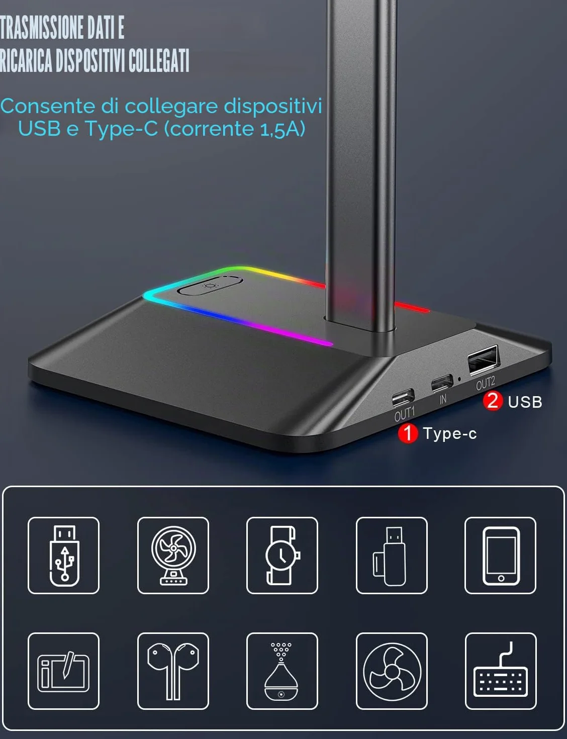 New Bee Supporto Porta Cuffie da Gioco RGB USB-C Caricabatterie Trasferimento Dati Universale Scrivania Nero