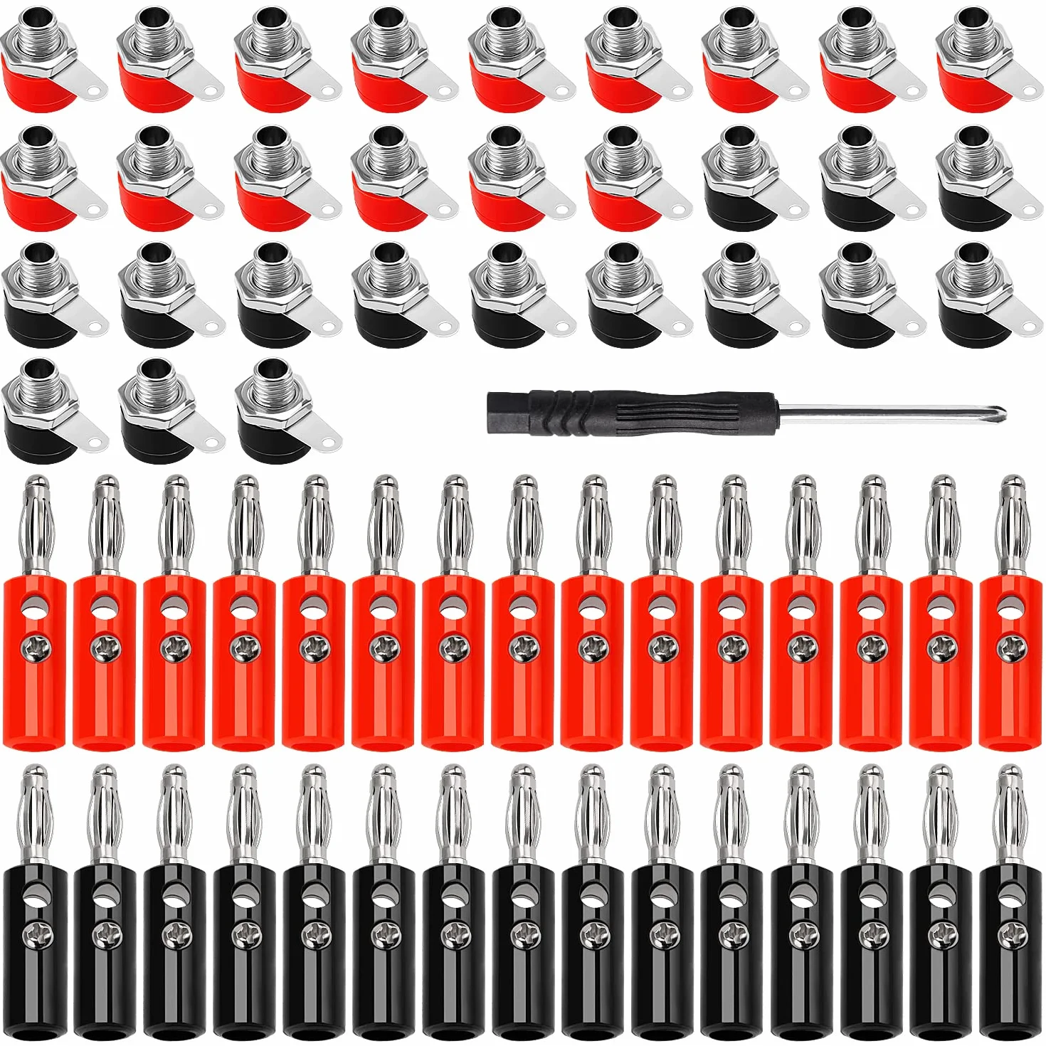 KUOQI 60 Pezzi 4mm Connettore Banana Placcato Nickel Spina Cacciavite Rosso Nero