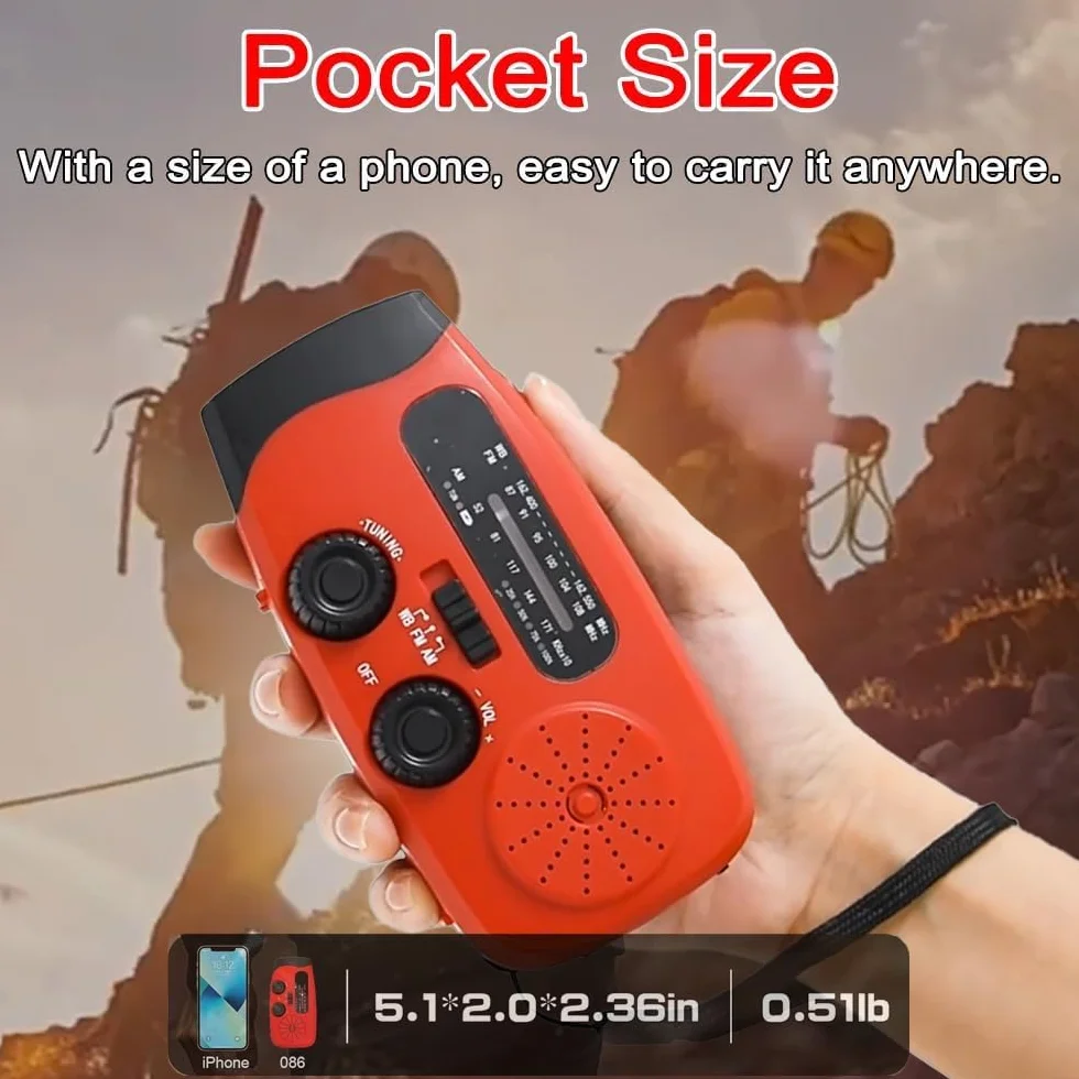 Radio Solare a Carica Manuale AM/FM Portatile con Torcia LED e Power Bank 2000mAh