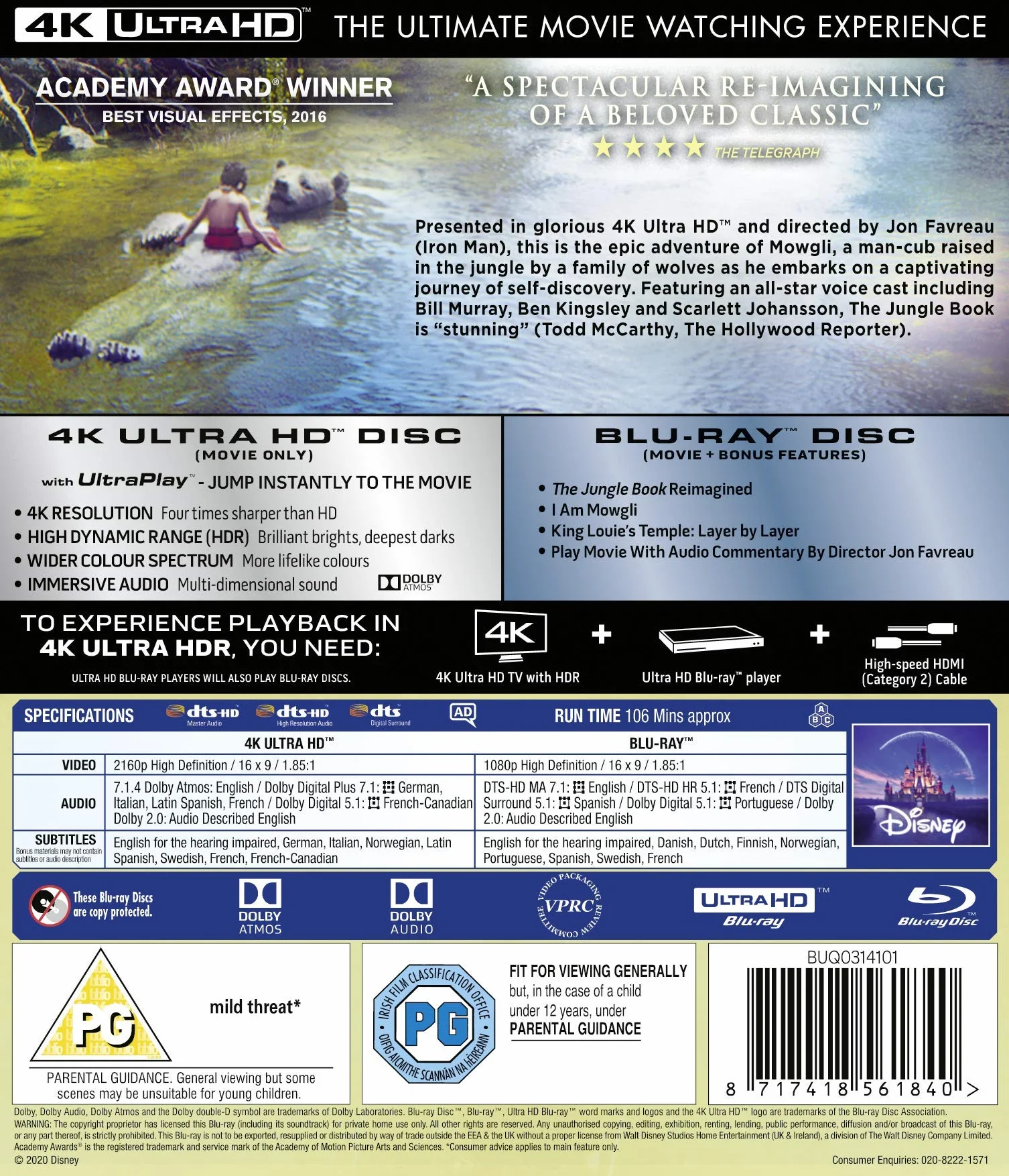 Disney's The Jungle Book 4K Ultra-HD Blu-ray 2020 Edizione Regno Unito