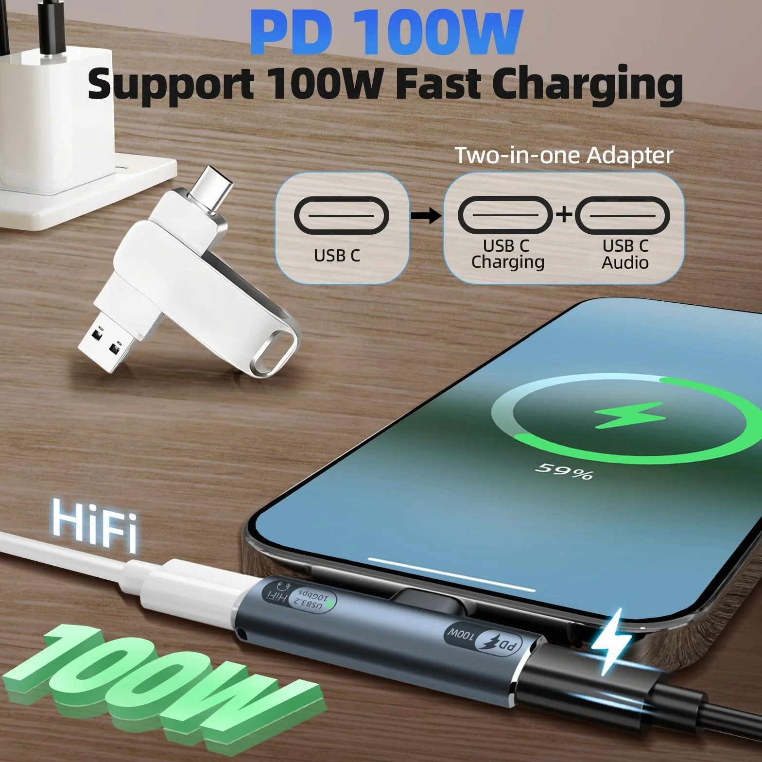 Adattatore USB-C 2 in 1 Audio e Ricarica Rapida 100W per Laptop Tablet Smartphone Grigio