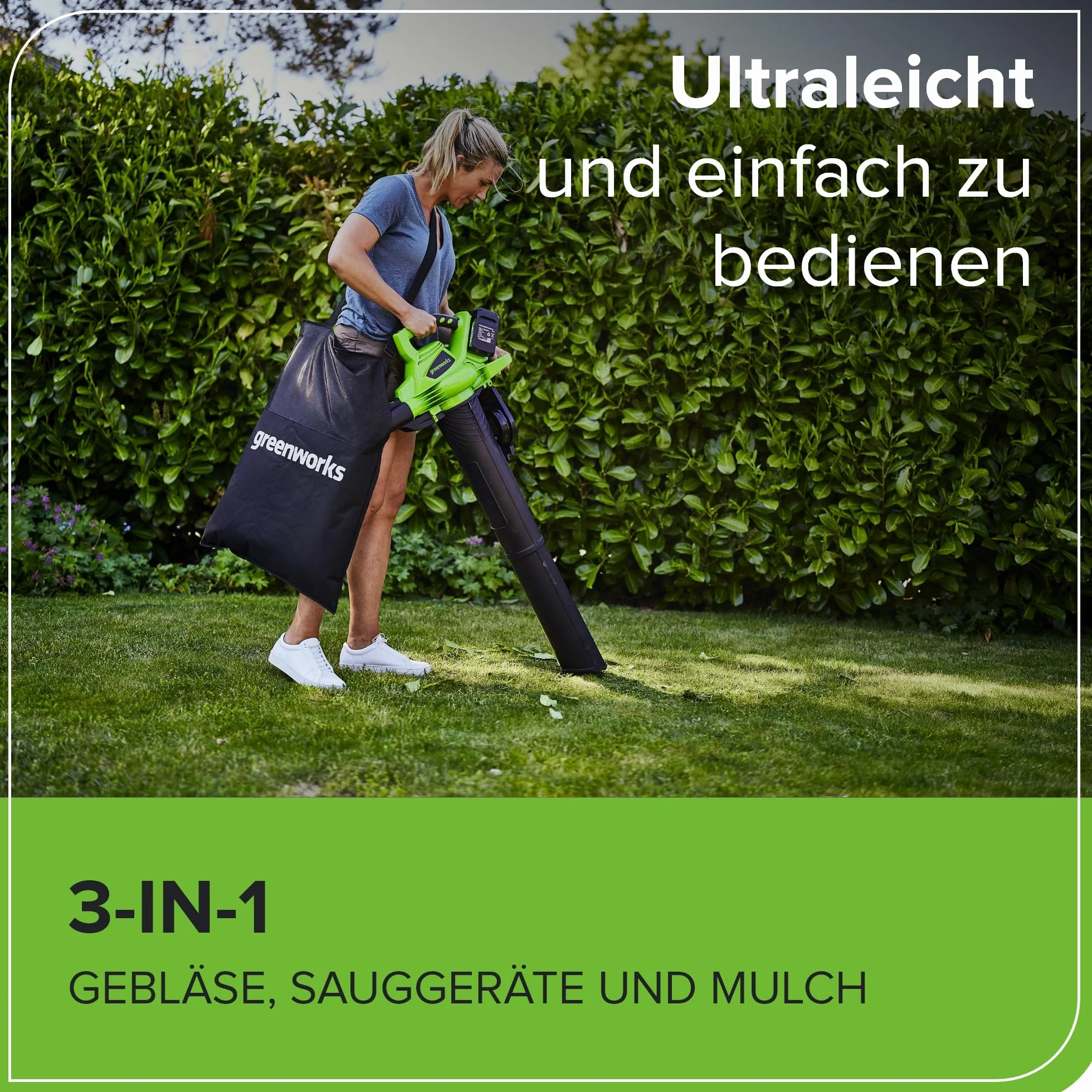 Greenworks 48V(24V x 2) Aspirafoglie Soffiatore a Batteria con Tracolla, Motore Brushless, 322km/h, 9m³/min, Sacco di Raccolta 45L, 2 4Ah Batterie, e Caricabatterie, Garanzia 3 Anni GD24X2BVK4X