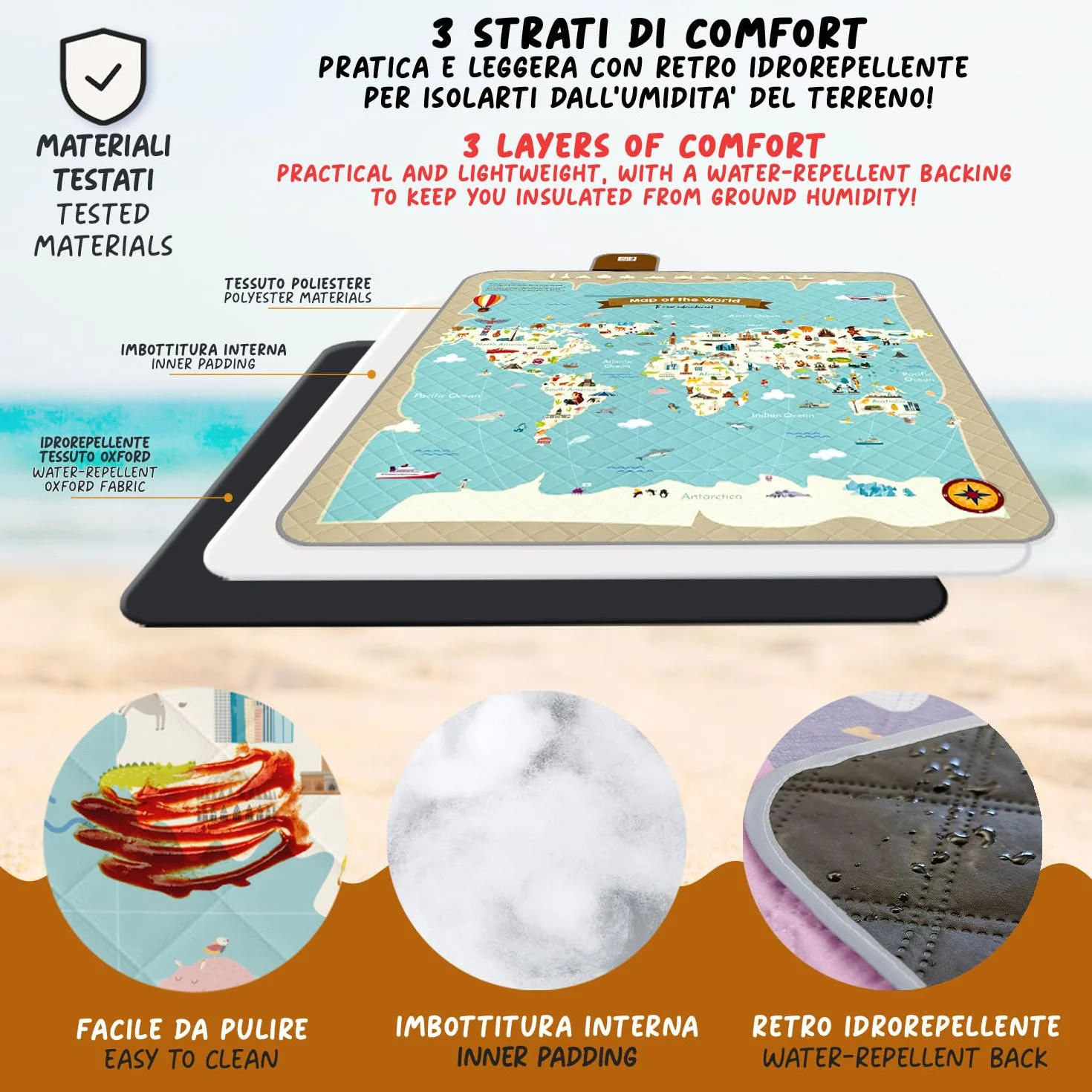 PERLETTI Coperta Pic Nic Impermeabile Bambini 200x200 cm Telo Picnic Grande da Campeggio Spiaggia Pieghevole