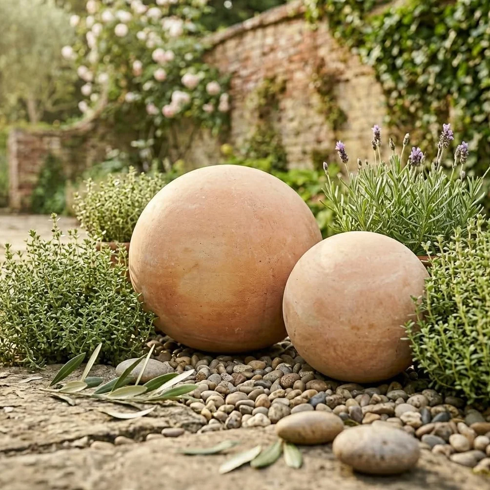 Sfera Decorativa da Giardino Set di 4 in Terracotta (10 cm, 15 cm, 20 cm e 30 cm) di Alta qualità Resistente al Gelo e alle intemperie. Ideale Come Decorazione da Giardino.