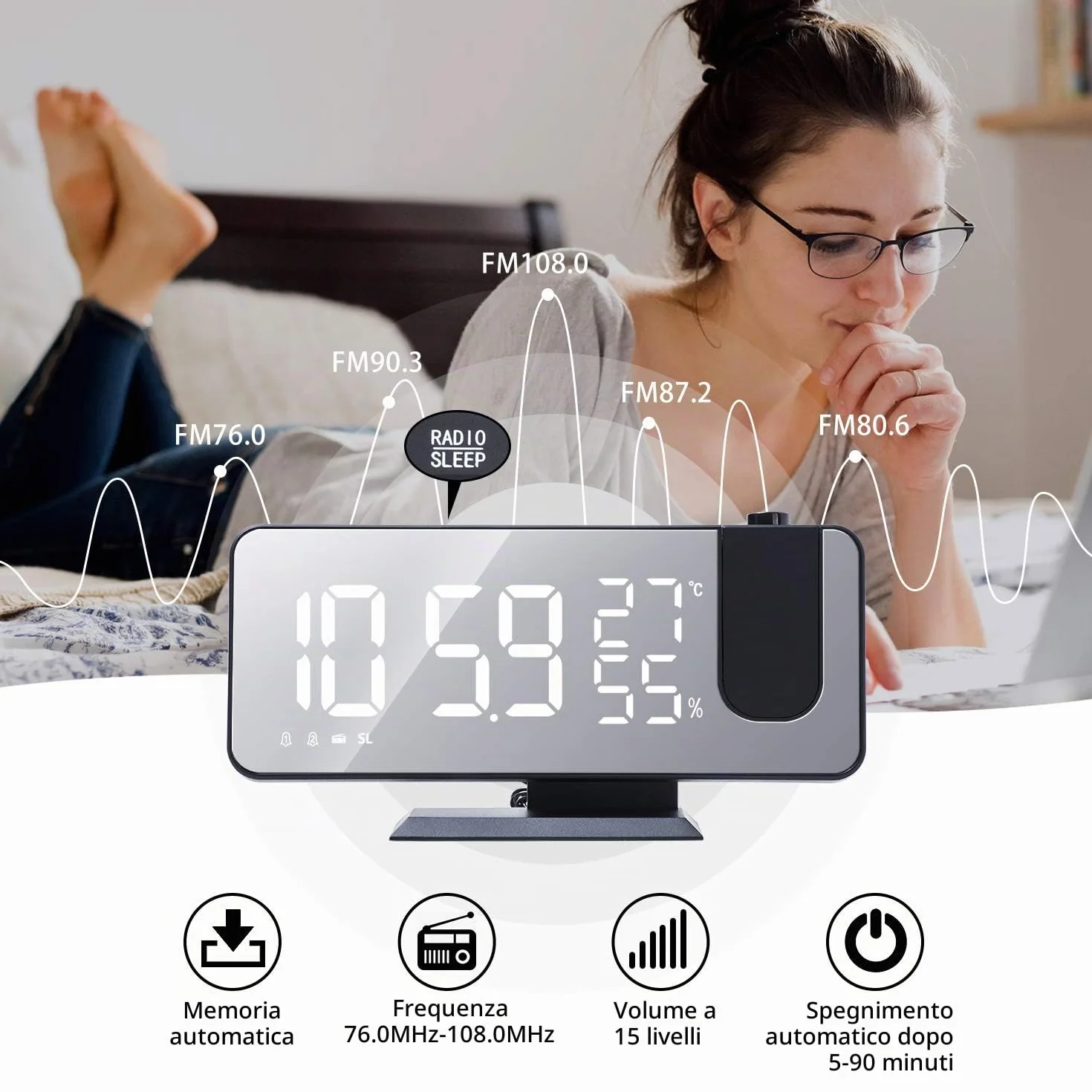 ThreeH Sveglia a Proiezione per Camera da Letto Ampio Display a Specchio LED 7,4'' con Ricarica USB Ruotabile 180° Nero-Bianco
