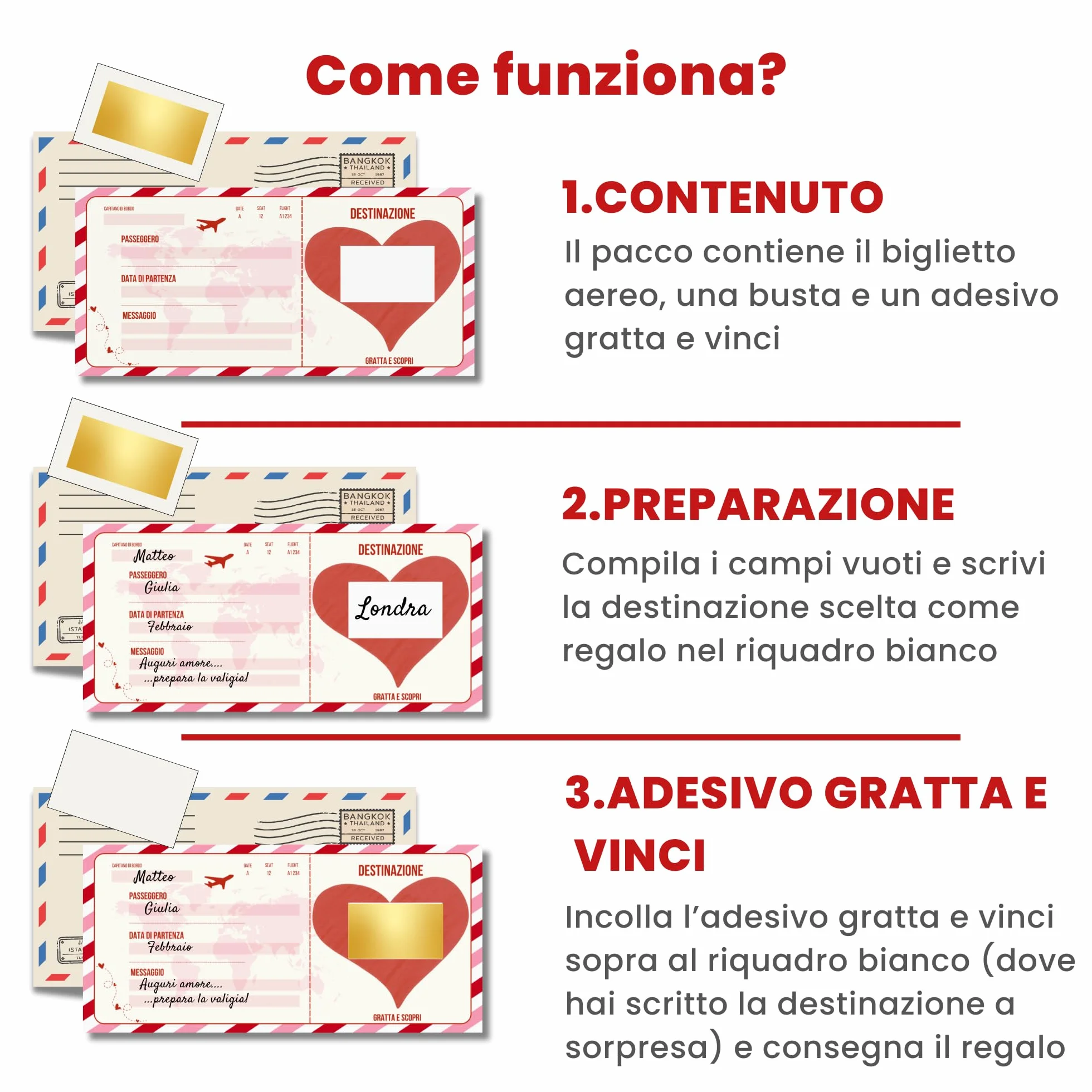Biglietto Viaggio Sorpresa Gratta e Vinci | Biglietto Aereo Finto Regalo | Regalo San Valentino per Lei e Lui (Love)