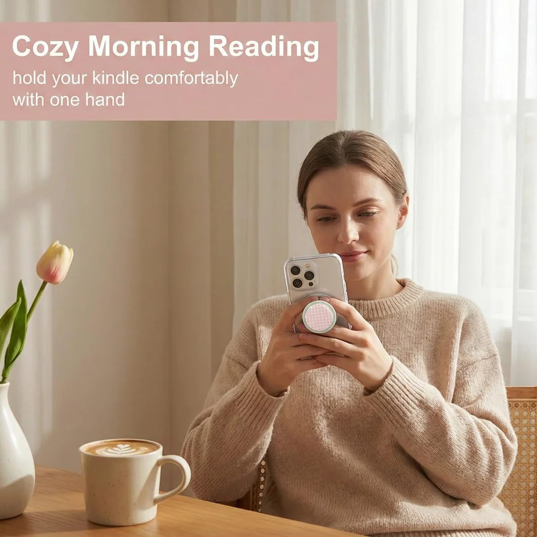 Supporto Magnetico per Kindle Paperwhite, Design a Quadri Rosa con Maniglia Pieghevole, Compatibile con Smartphone, Tablet
