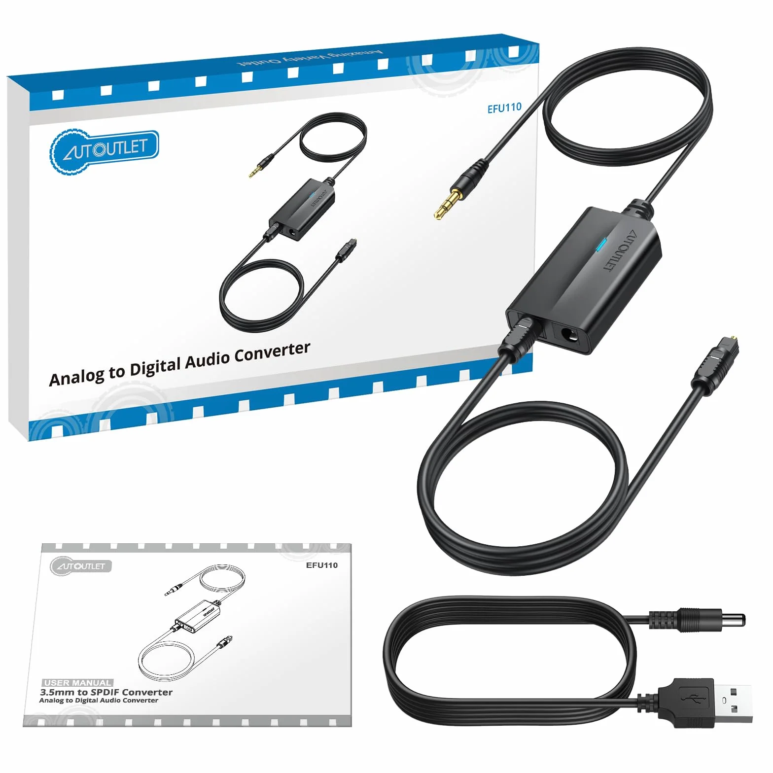 AUTOUTLET Convertitore Audio Analogico Digitale 3,5 mm a Toslink SPDIF con Cavo Audio 3,5 mm e Cavo Ottico 1m per TV Computer
