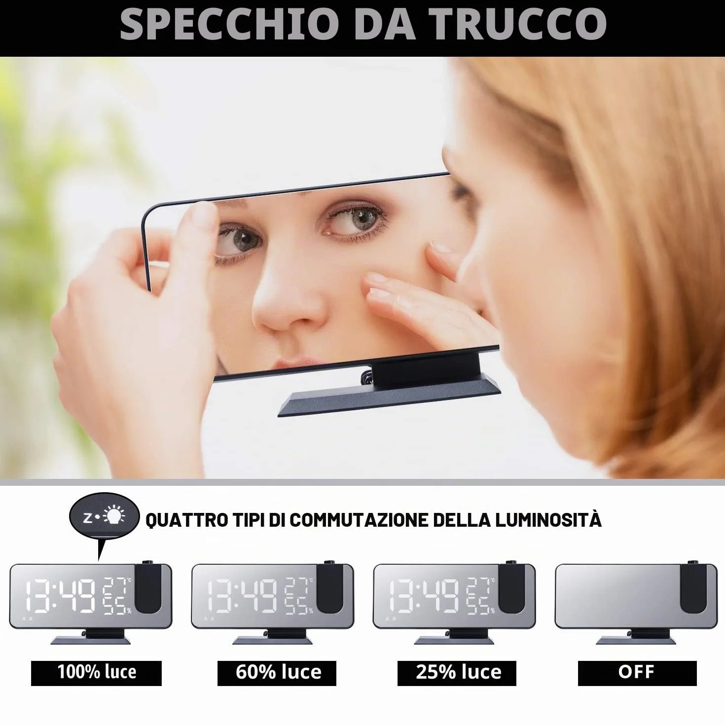 ThreeH Sveglia a Proiezione per Camera da Letto Ampio Display a Specchio LED 7,4'' con Ricarica USB Ruotabile 180° Nero-Bianco