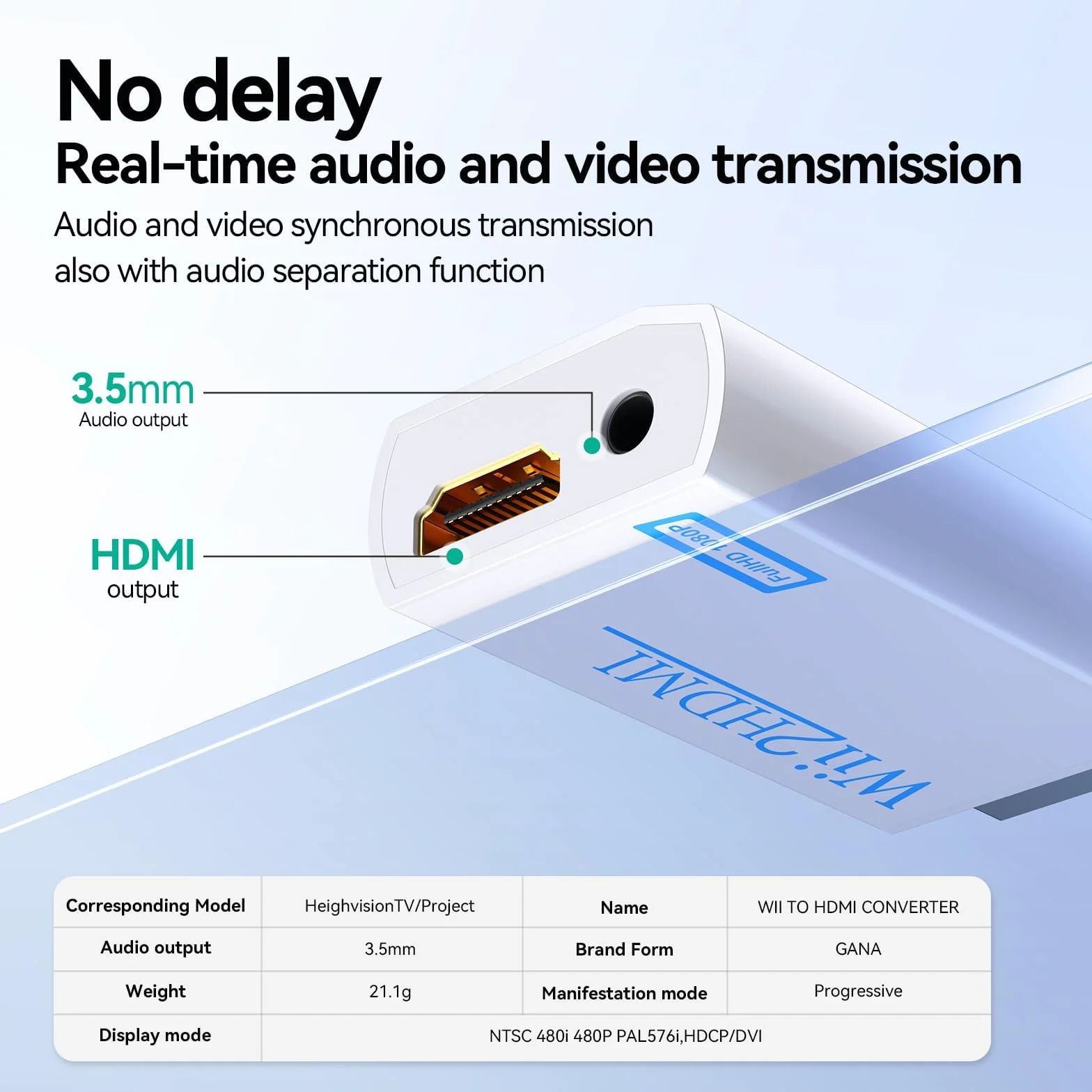 Convertitore da Wii a HDMI 1080p 720p, Adattatore Wii HDMI con Uscita Audio 3,5mm, Supporta Tutte le Modalità di Visualizzazione Wii, Bianco