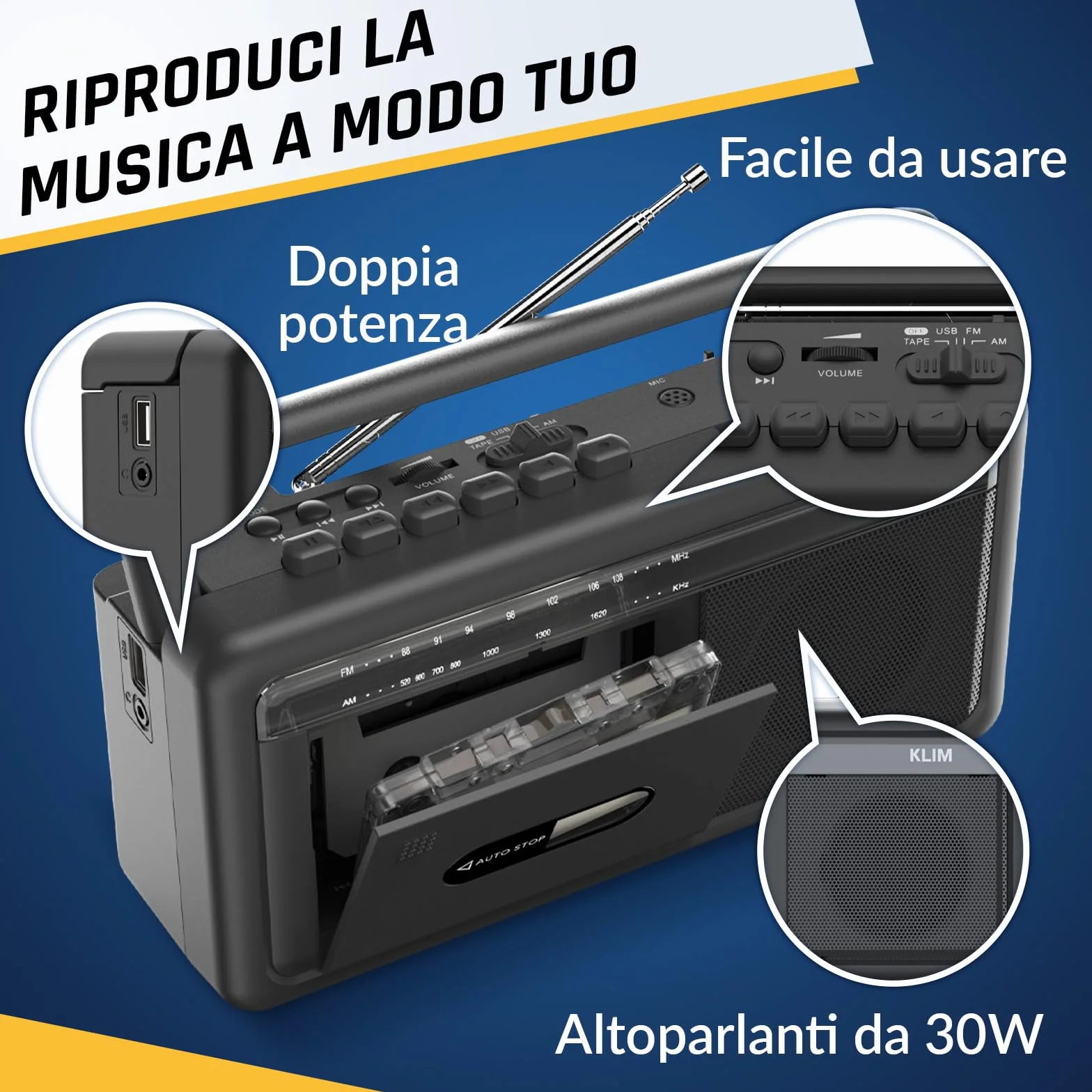 KLIM Lettore Cassette Audio Boombox Radio AM/FM Bluetooth Registratore a Cassette USB Altoparlante Portatile Retrò Nero
