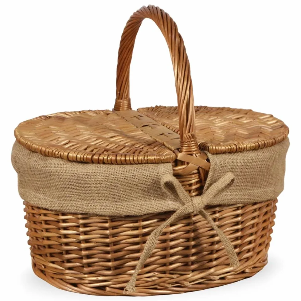 Cesto Picnic in Vimini e Juta con Coperchio e Manico 50x32 h42 cm — Cestino da Pic Nic per 2-4 Persone, Raccolta Funghi, Idea Regalo