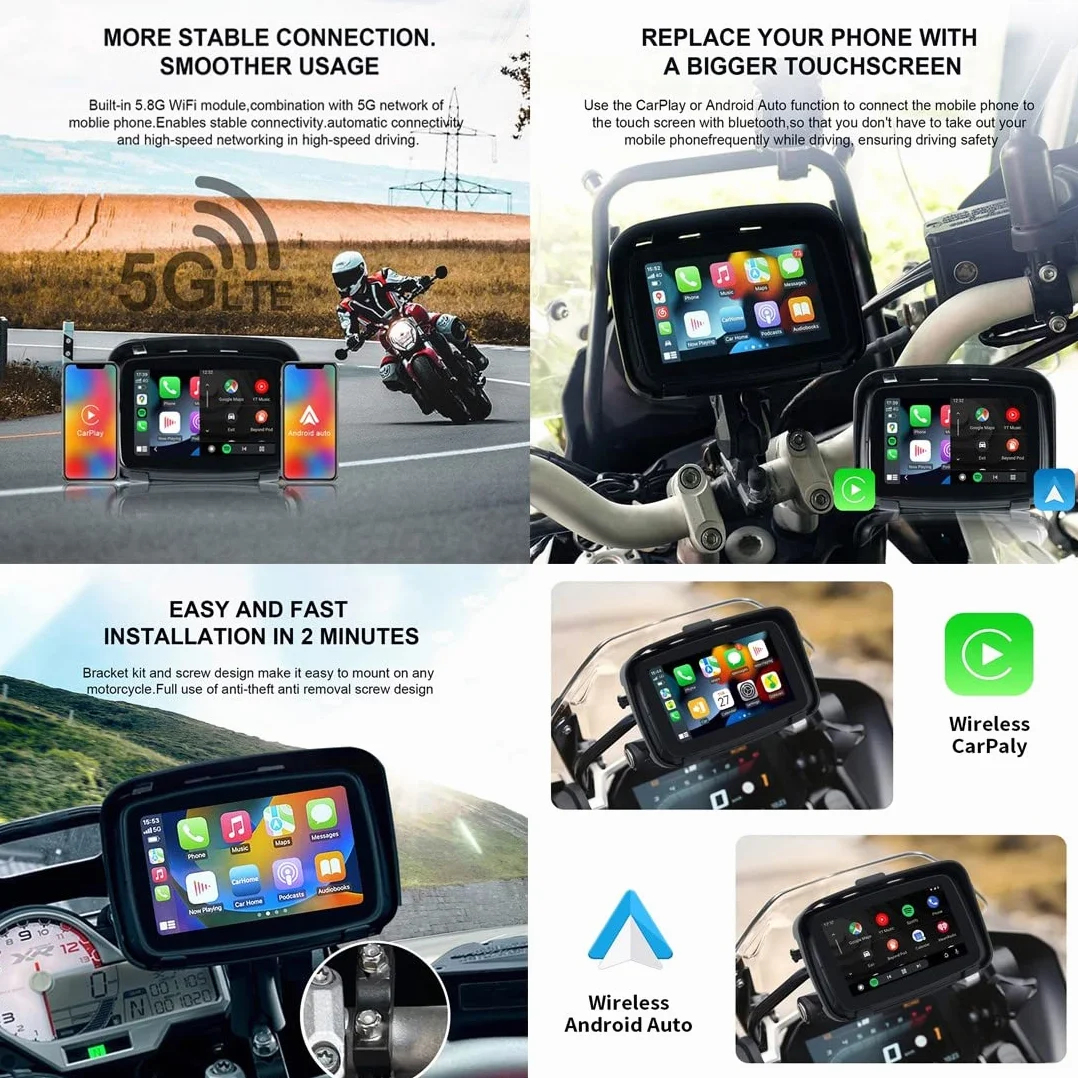Navigatore Moto IPX7 Impermeabile 5" Touch Screen HD Carplay Wireless Android Auto Supporto