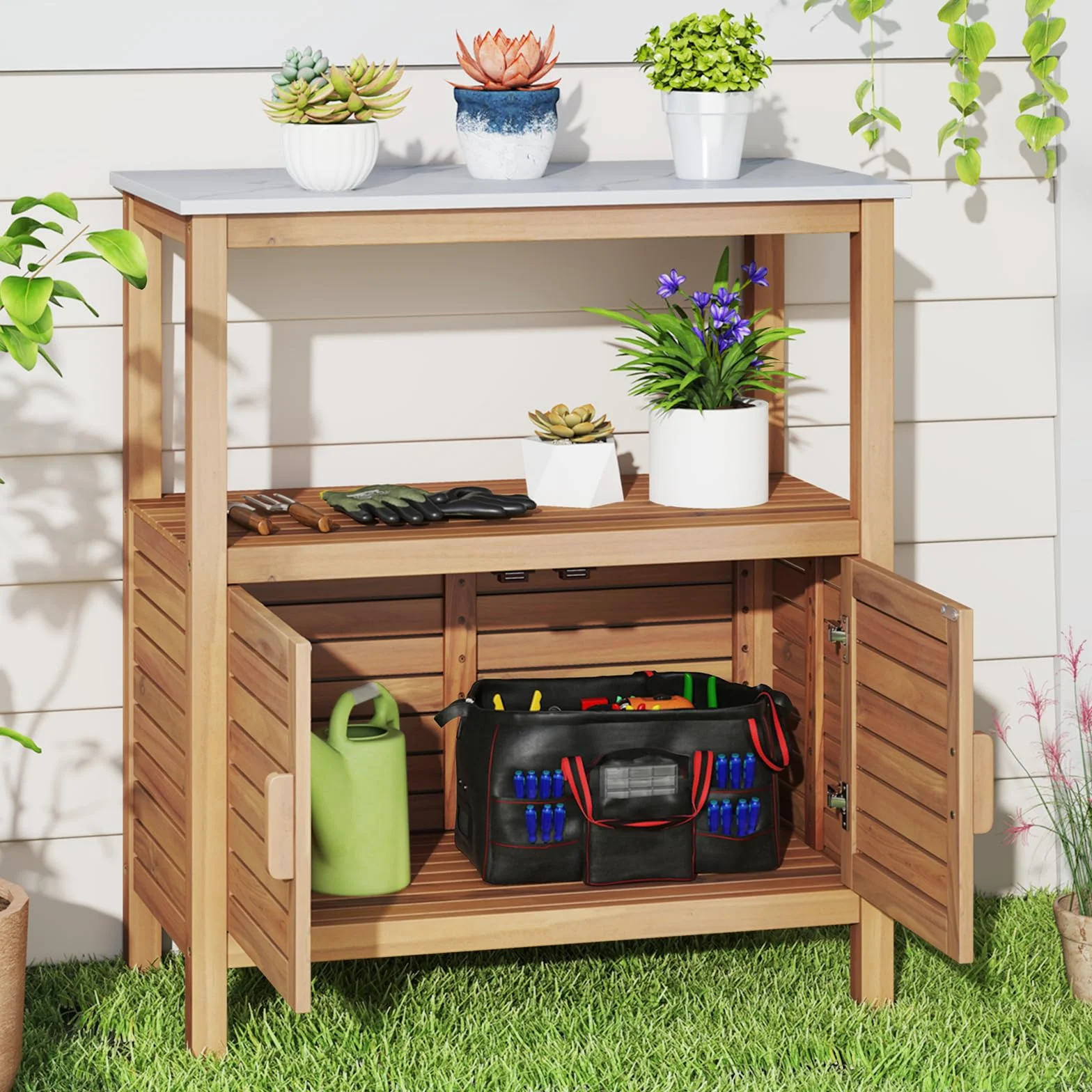 KOMFOTTEU Armadio da esterno in legno massello 80x40x90,5 cm mobile portaoggetti con piattaforma per giardino balcone