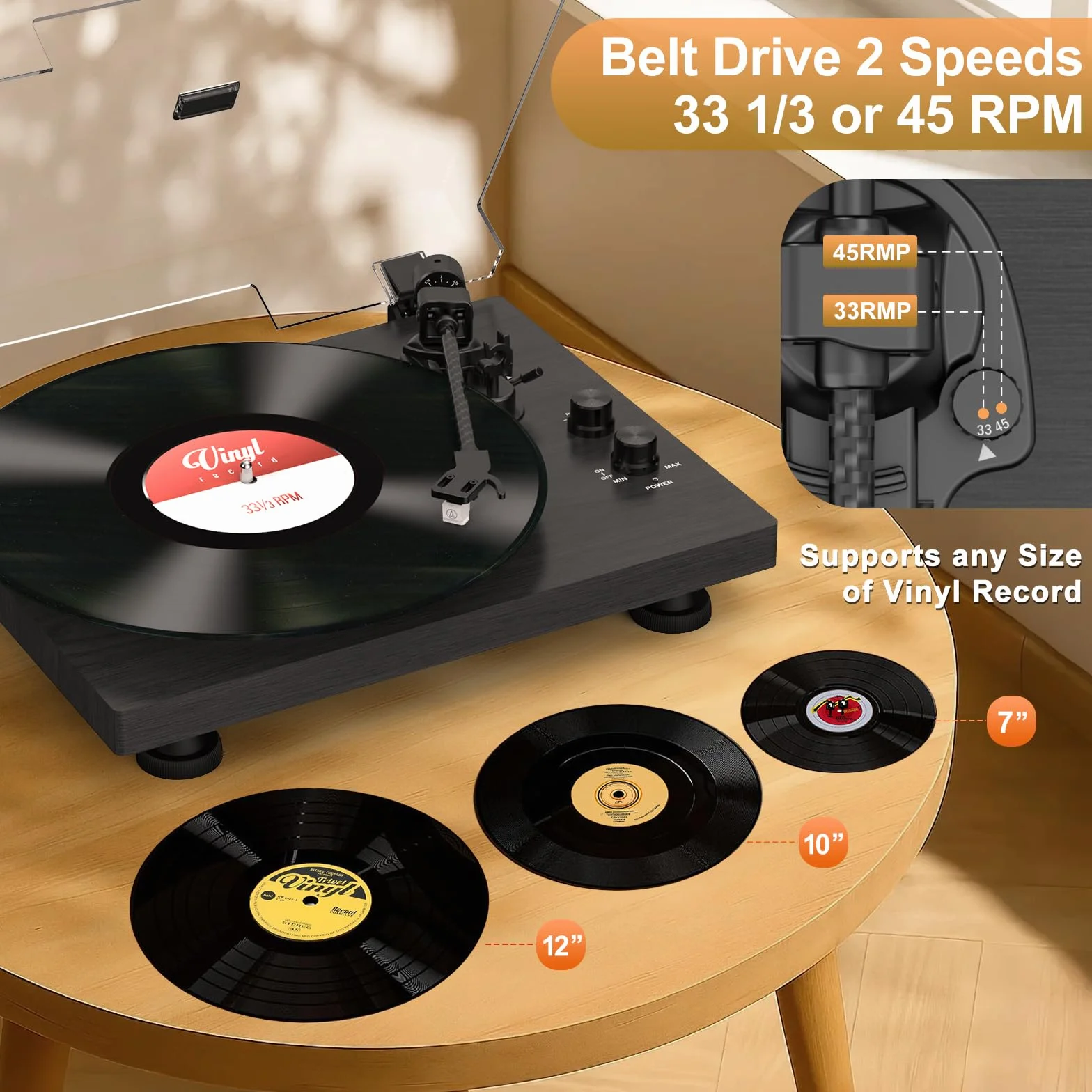 Giradischi Lettore con Contrappeso Regolabile Bluetooth 33/45 RPM 7/10/12 Pollici Suono Hi-Fi Nero