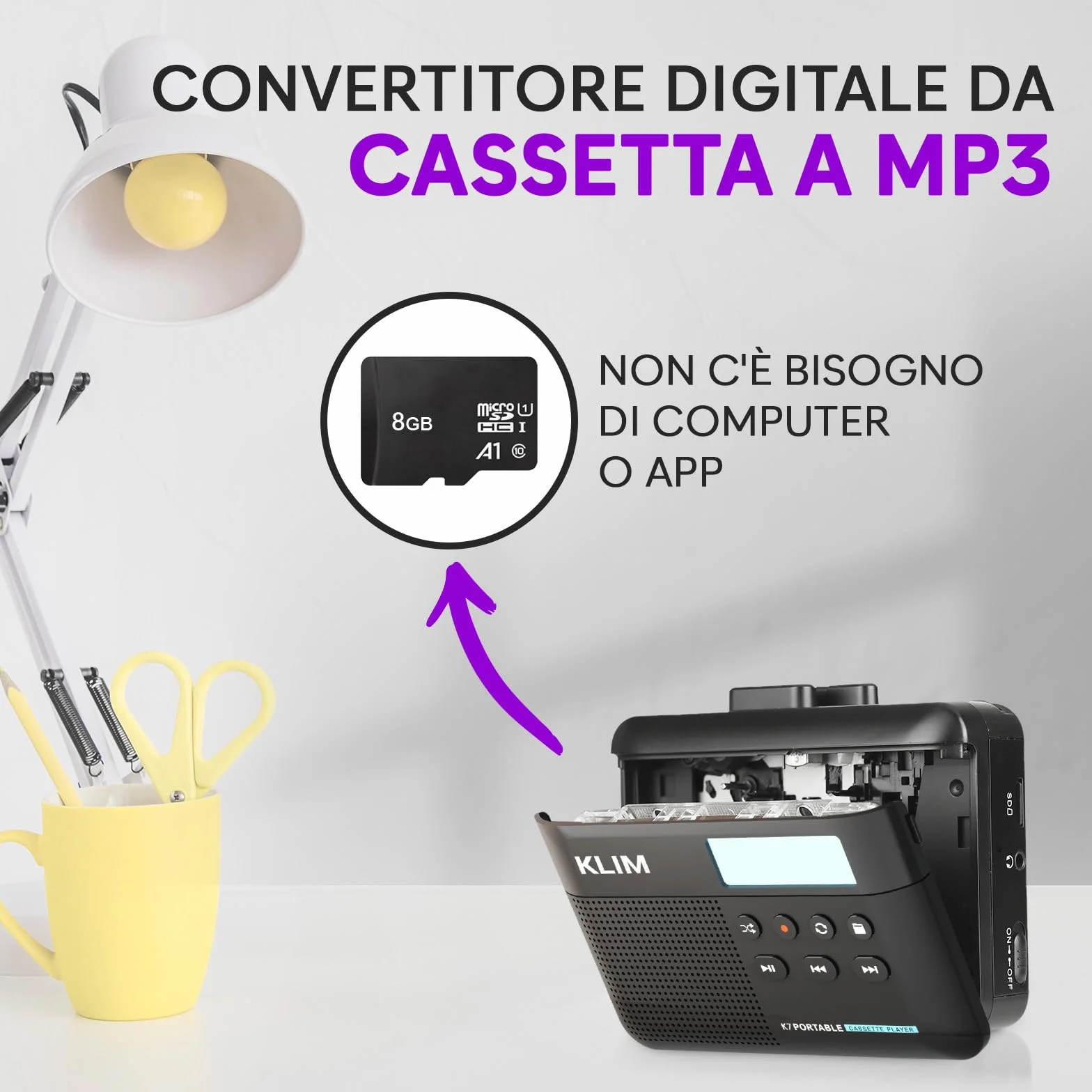K7 Cassette Player MP3 Convertitore Lettore Audio Portatile con Microfono Altoparlante Batteria Ricaricabile Auricolari Scheda SD 8 GB Nero