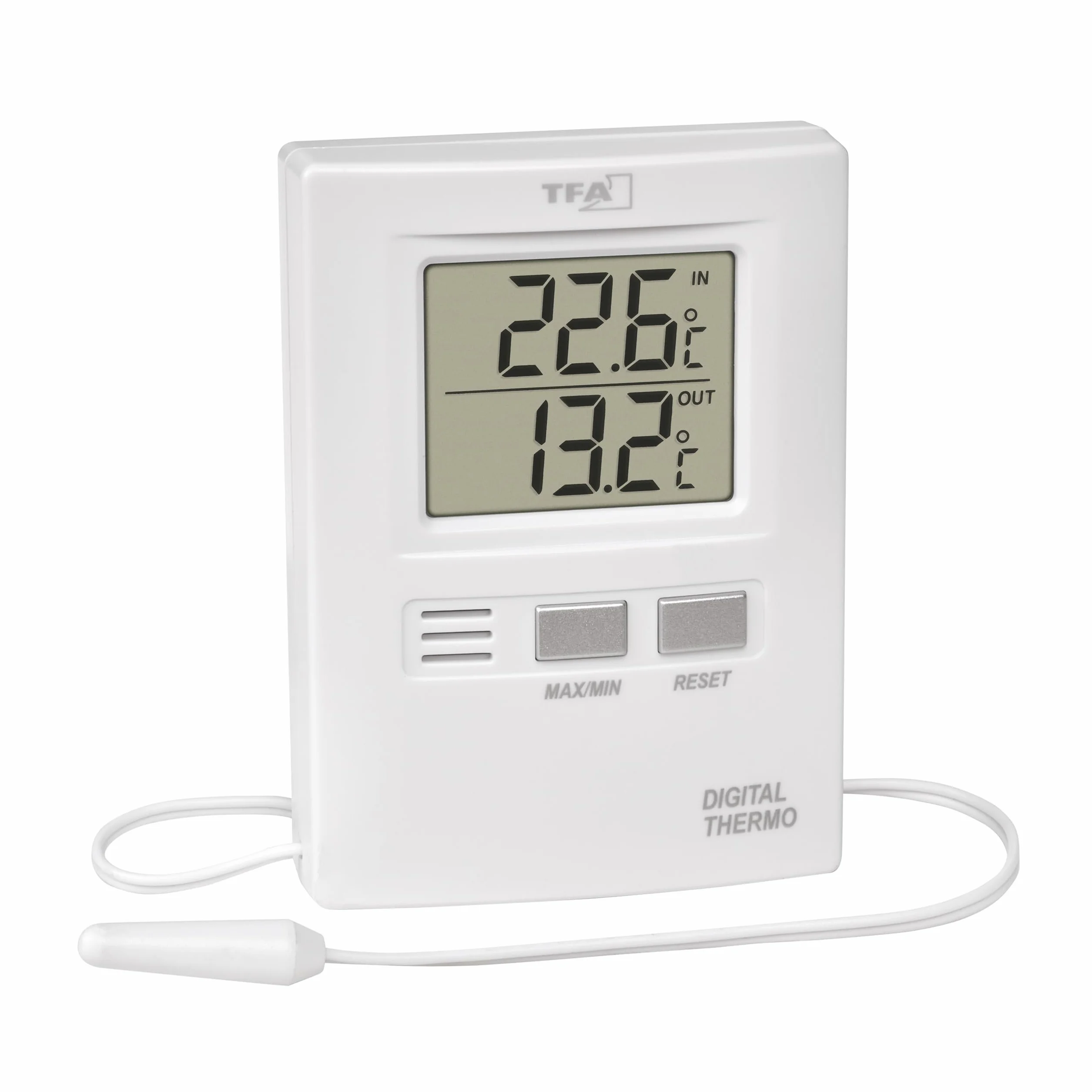 TFA Dostmann Termometro digitale per interni/esterni con cavo (300 cm), 30.1012, display funzionale, valori massimi e minimi, temperatura interna ed esterna, bianco