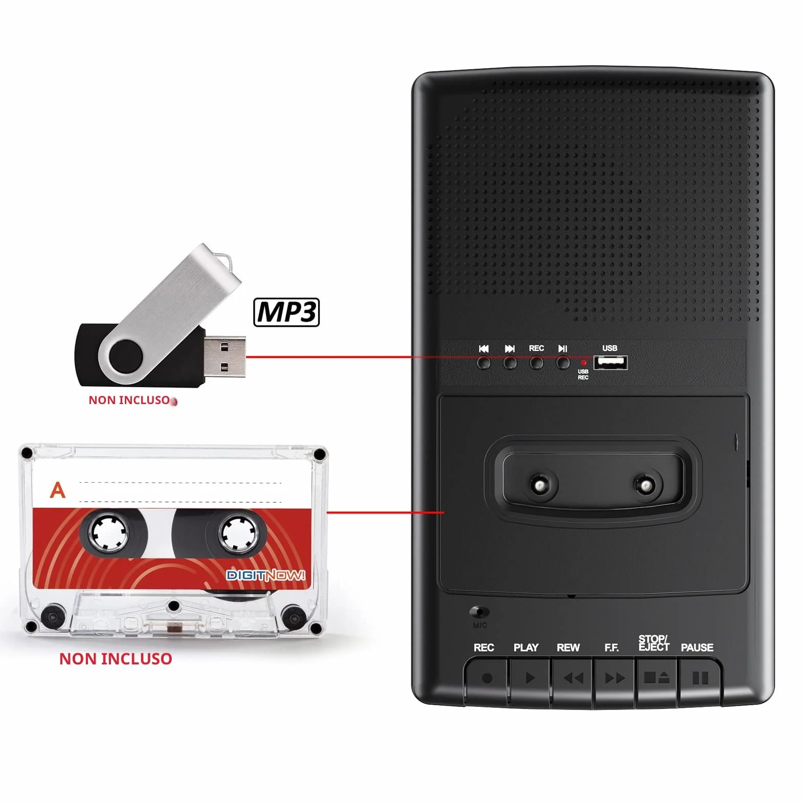 Reproductor Cassette Portatile Lettore Audio Registratore Digitalizza su USB con Maniglia