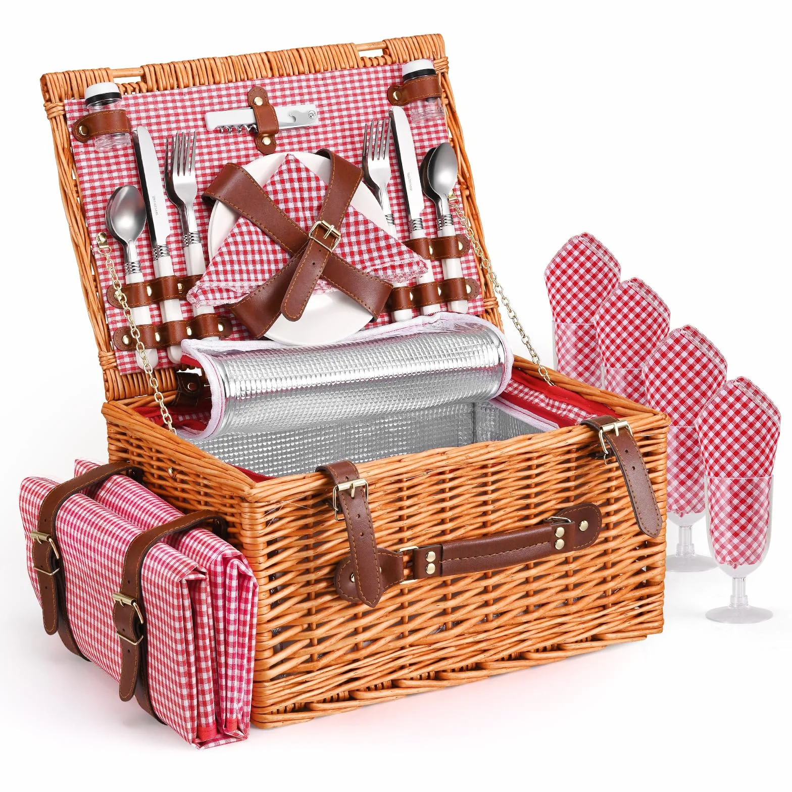 Cestino Picnic 4 Persone, Couleeur Cesto Picnic Vimini con Scomparto Termico, Coperta Impermeabile e Set di Posate, Set Pic Nic 4 Persone per Campeggio, Cestino Pic Nic Vimini Rosa