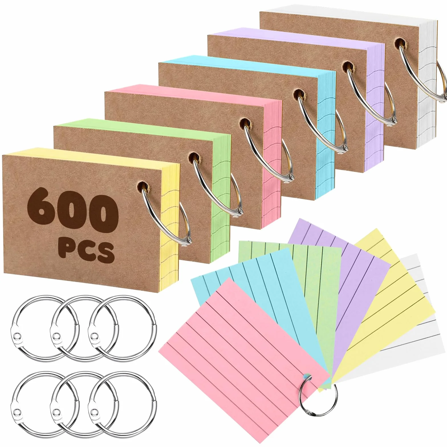 Flashcard A8 a Righe con Anello, 600 pezzi, Colori Intensi per Appunti Ufficio Scuola