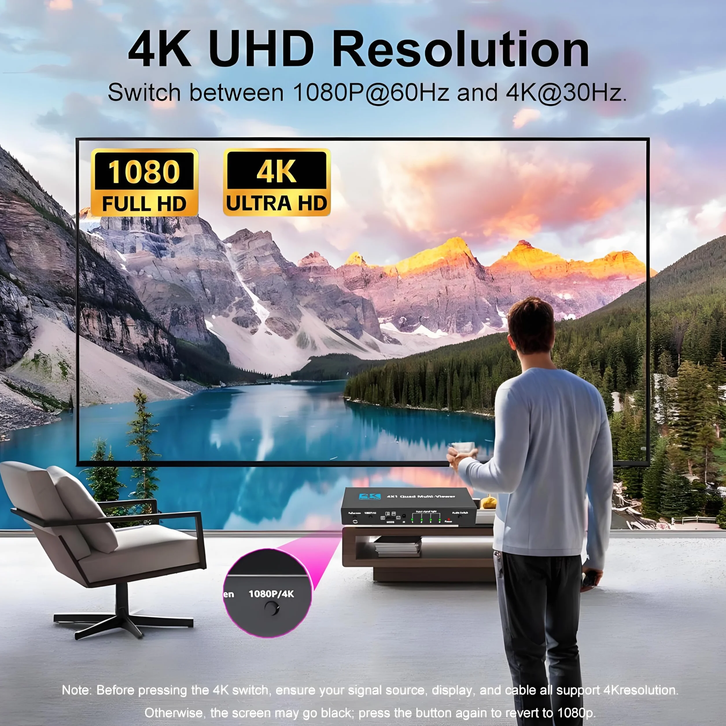 HDMI Multi-Viewer 4X1 Seamless Switcher 4 in 1 Out con Telecomando IR 4K 30Hz 1080P 60Hz