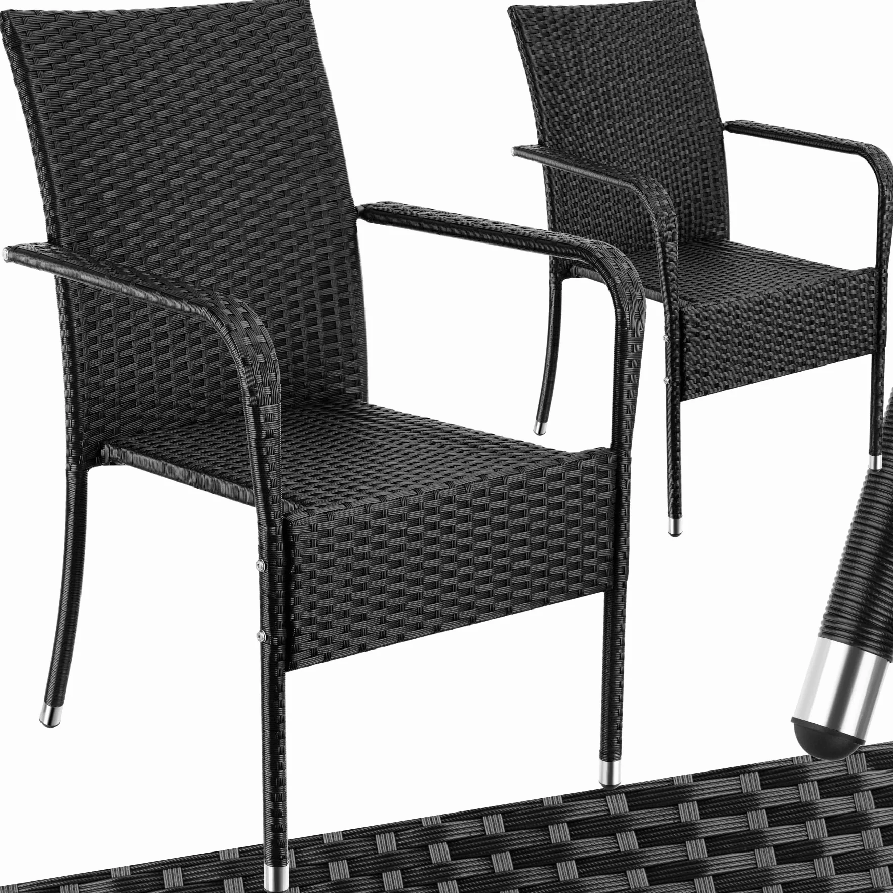 tectake® Set di 2 Sedie in Rattan, Impilabile, Rattan Resistente alle Intemperie, Schienale Alto, Struttura in Acciaio, Set Sedie Sala da Pranzo 2, Comfort e Stabilità per Interni ed Esterni, Nero