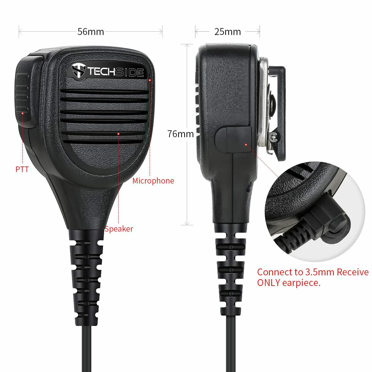 TechSide Microfono Altoparlante Impermeabile IP54 con PTT per Baofeng UV-5R, Compatibile 2 Pin Kenwood Radio Midland G10 G11 Clip 360° Jack 3.5mm