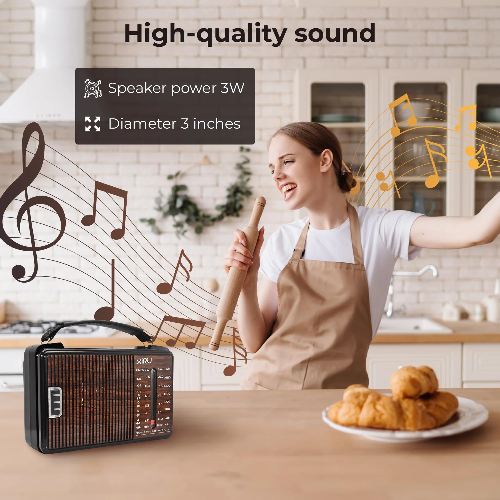MIRU Radio Portatile AM/FM/SW SR-1021 con USB, Antenna Telescopica, 220V, Nero Legno