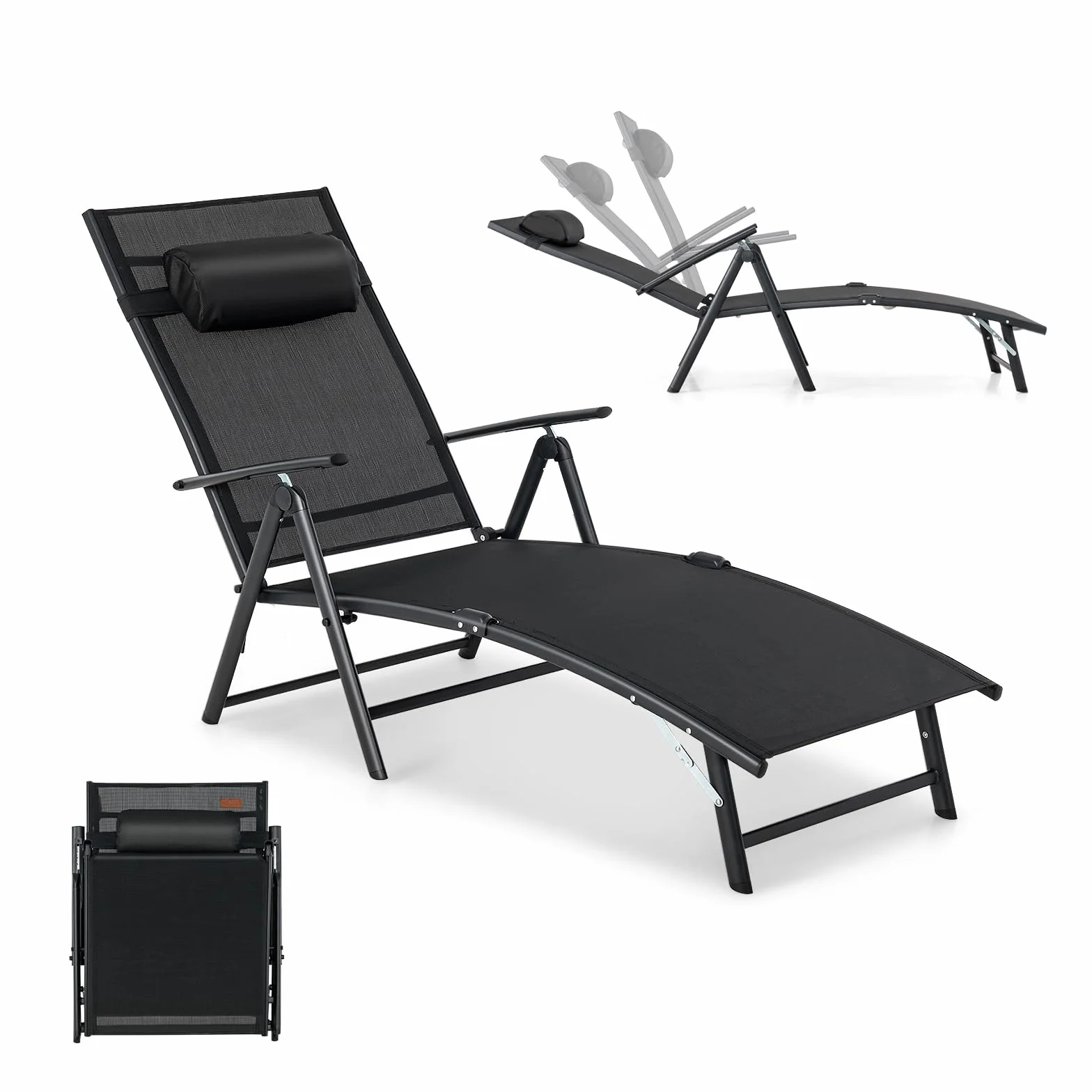 KOMFOTTEU Sedia a sdraio con poggiatesta, lettino pieghevole con schienale regolabile in 7 posizioni, carico 150 kg, sedia da esterno ergonomica con braccioli, 142 x 61 x 103 cm (nero)