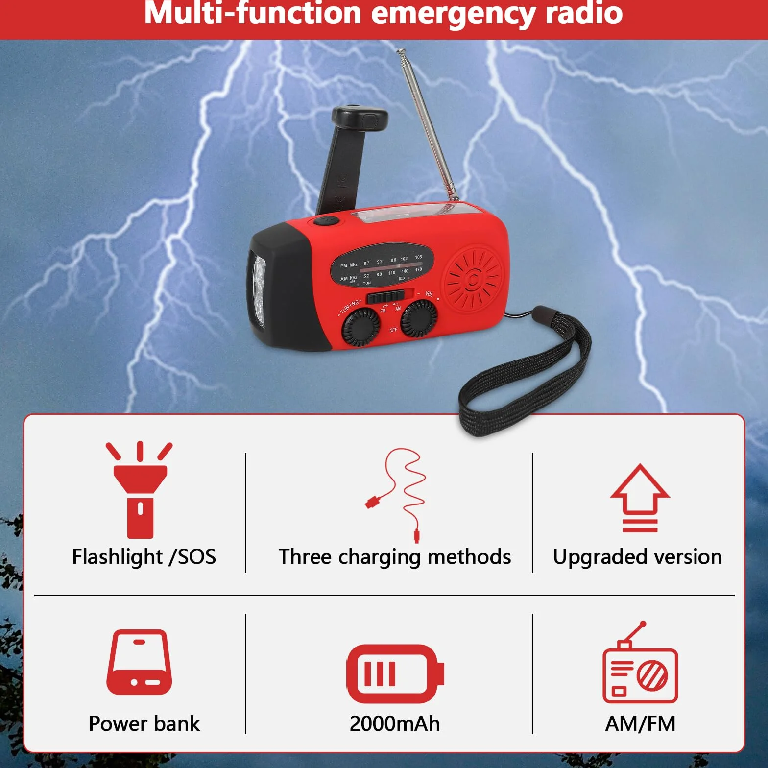 Radio di Sopravvivenza Solare con Dinamo, Portatile Emergenza con LED 3 Modalità, Allarme SOS, Caricatore USB 5V, Impermeabile