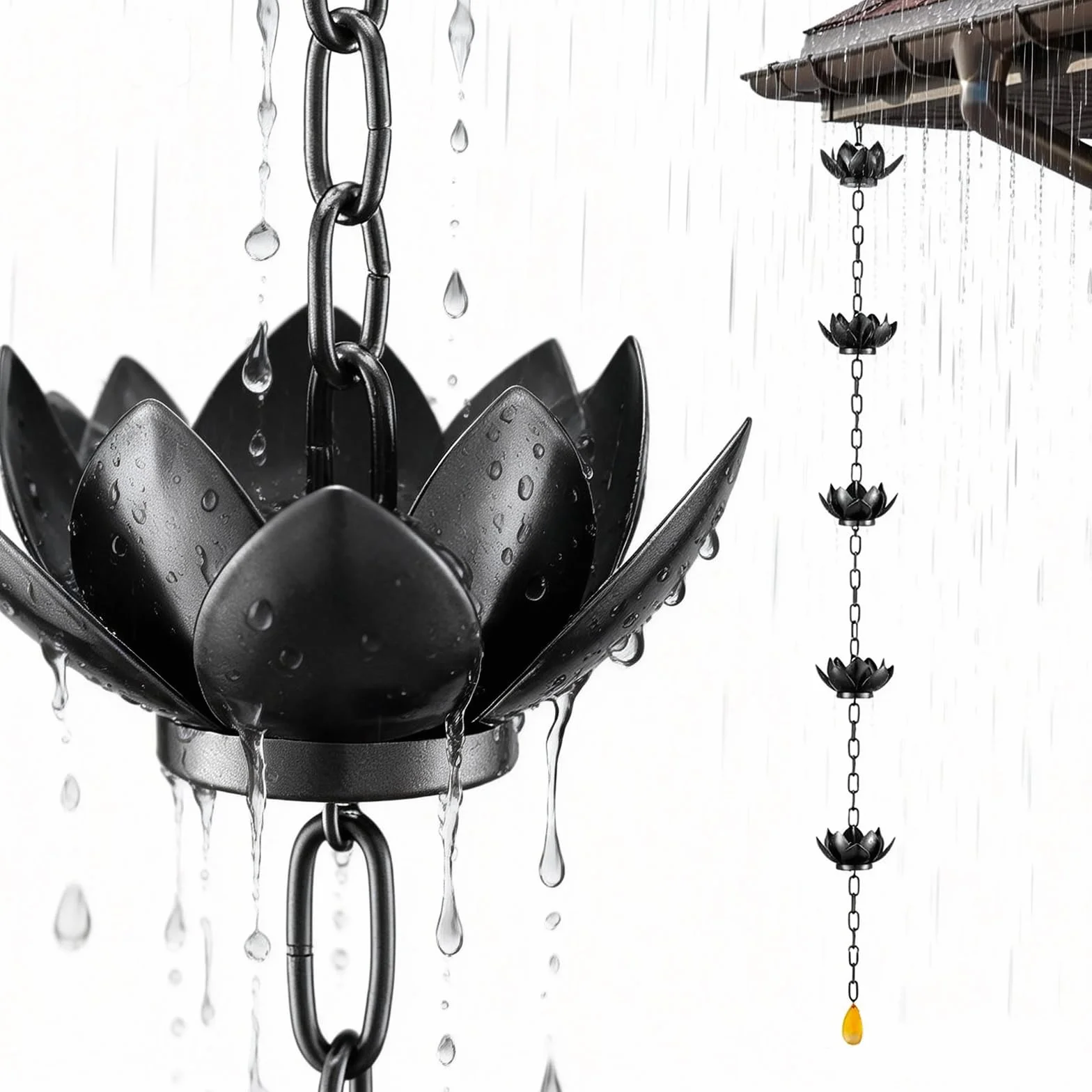Catena Antipioggia, Catena Nera per Drenaggio dell'Acqua Piovana da 1,2 M A Forma di Loto in Ferro per Decorazioni Esterne per Casa E Giardino Efficiente Drenaggio dell'Acqua Piovana