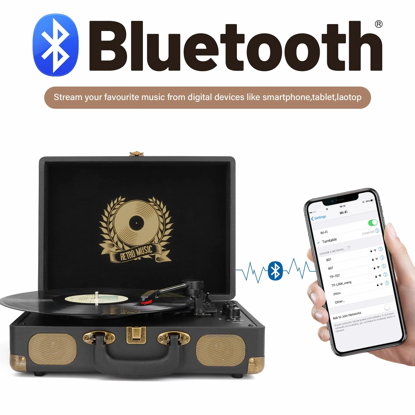 Giradischi in vinile Bluetooth portatile 3 velocità USB MP3 vintage valigia con altoparlanti integrati nero
