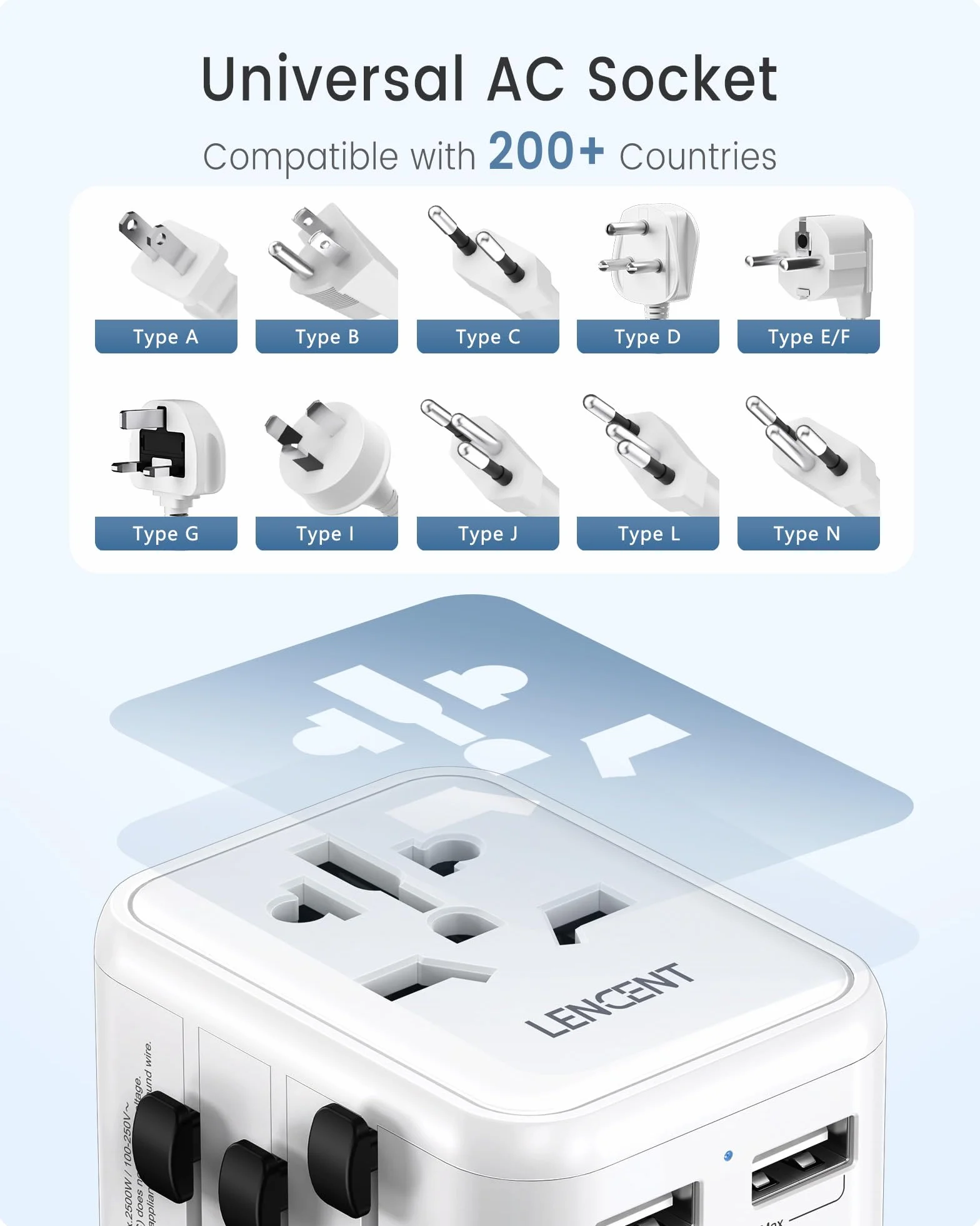 LENCENT Adattatore Spina Universale da Viaggio con 2 Porte USB Bianco per Europa/USA/UK/AUS