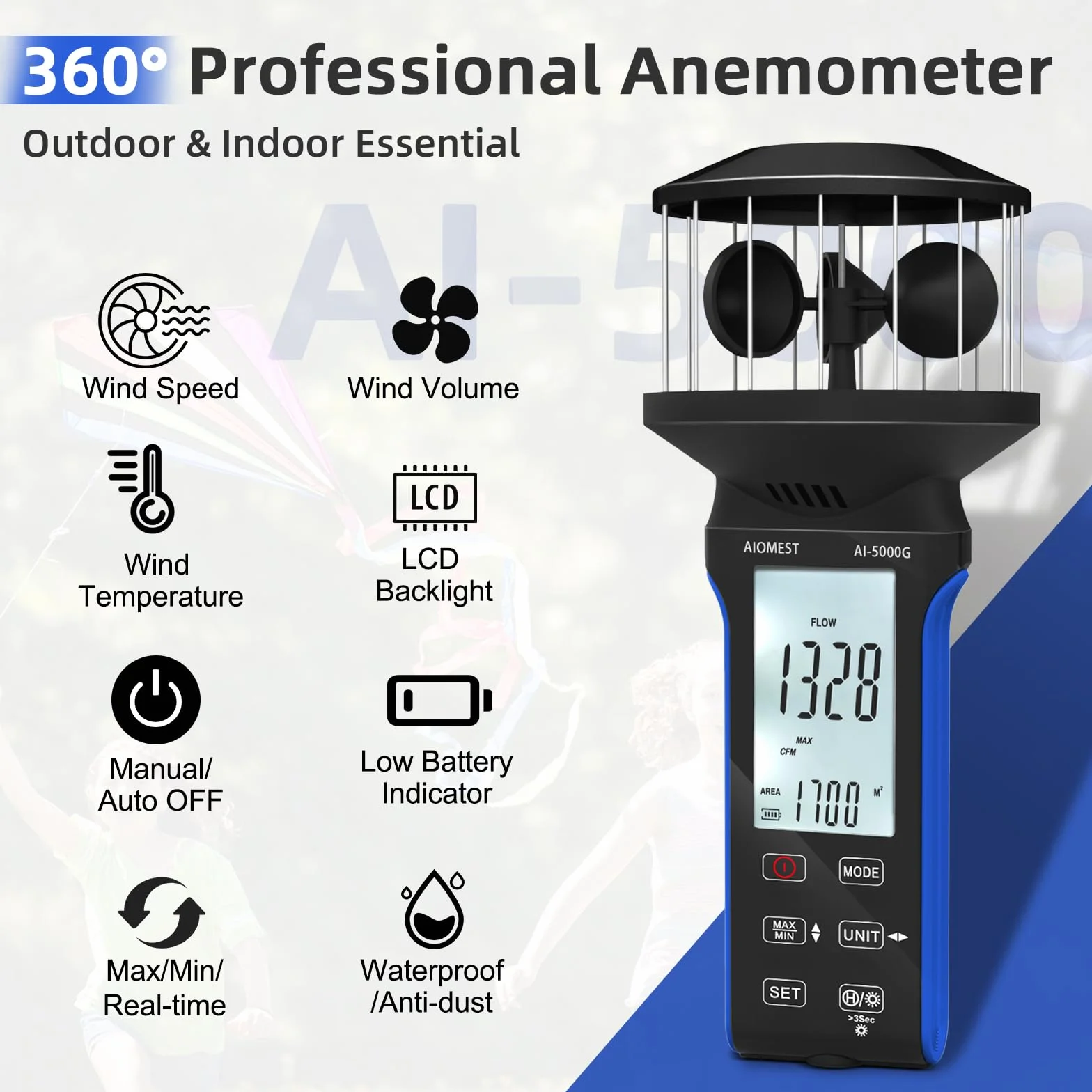 AIOMEST Anemometro Digitale Portatile, Misuratore di Velocità del Vento a 4 Tazze a 360°, Anemometro ad Alta Precisione ±5% con Temperatura (℃/℉), MAX/AVG per Riprese, Vela, Surf, Drone, AI-5000G