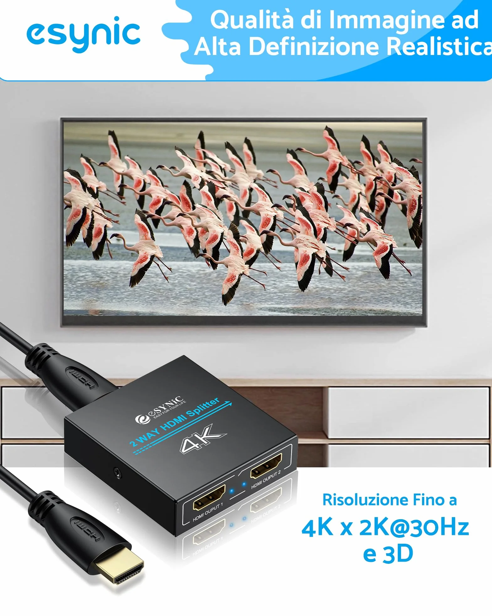 ESYNiC HDMI Splitter 1 in 2 Out 4K/30Hz con Cavo HDMI 1m e USB-C, UHD 4Kx2K Amplificatore Distributore, Supporta 3D 1080P 2160P HDCP 1.4